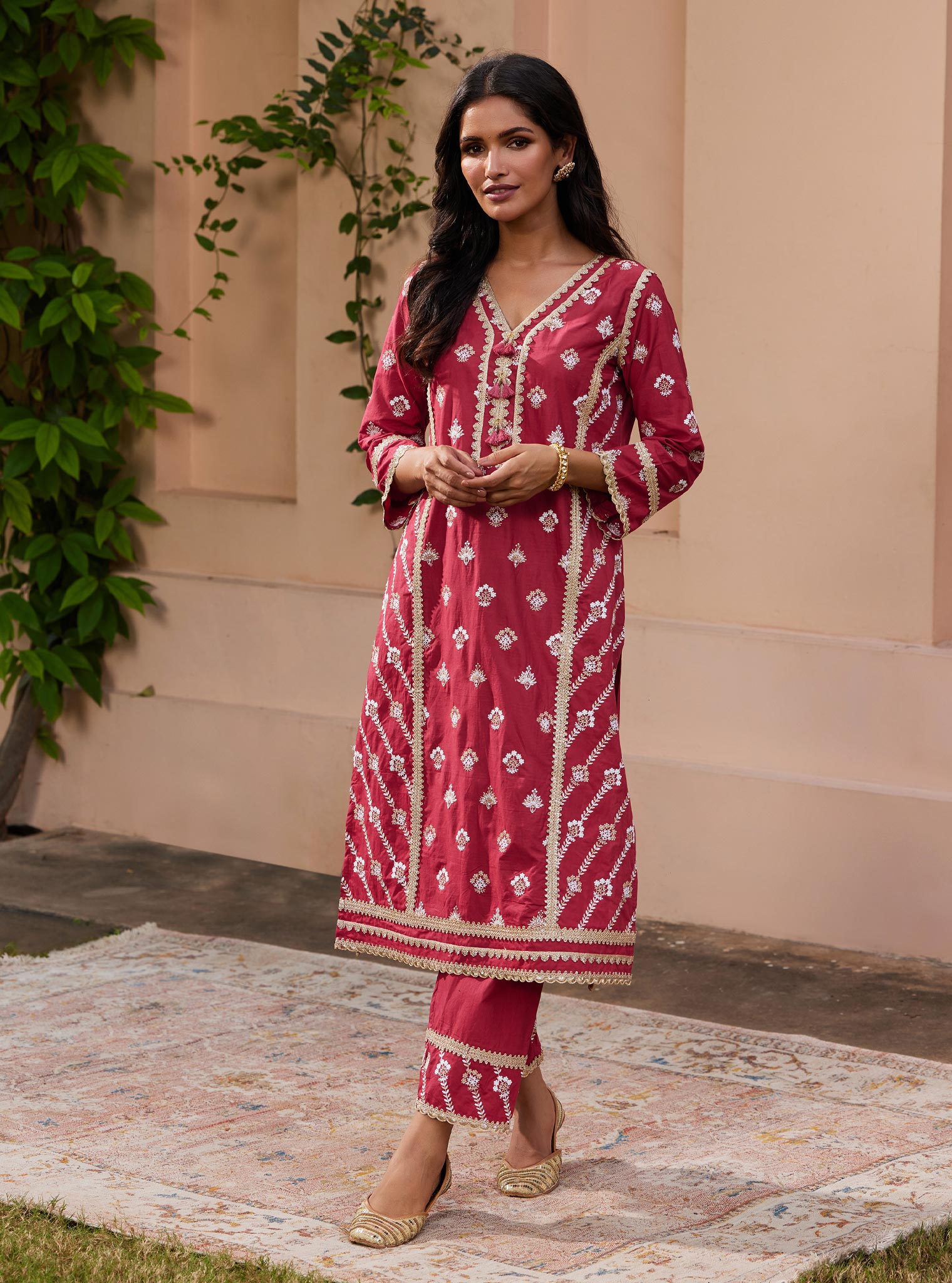 Mulmul Cotton Titli Red Kurta with Mulmul Cotton Titli Red Pant