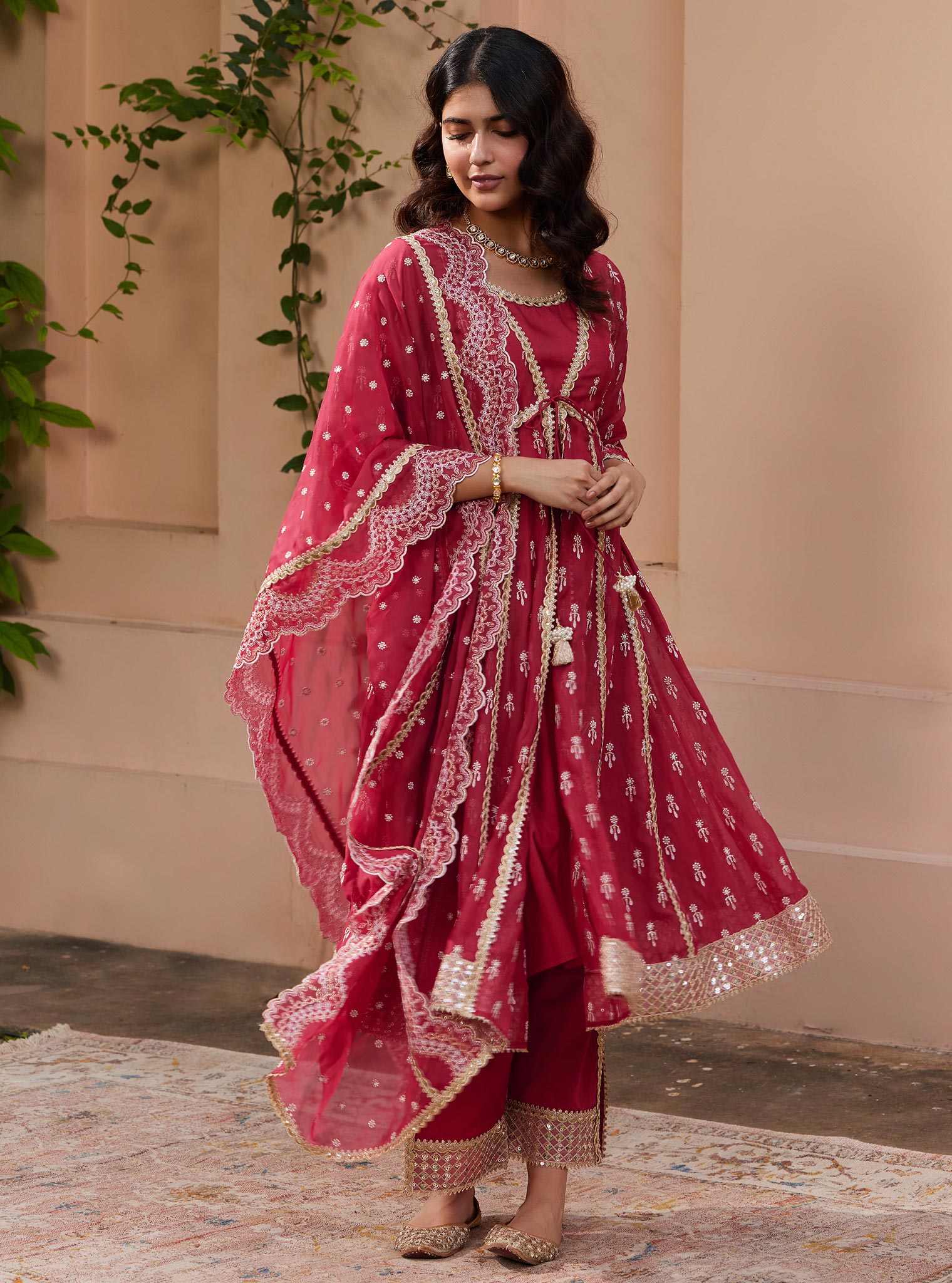 Mulmul Organza Samici Red Anarkali Kurta With Mulmul Pima Samici Red Pant