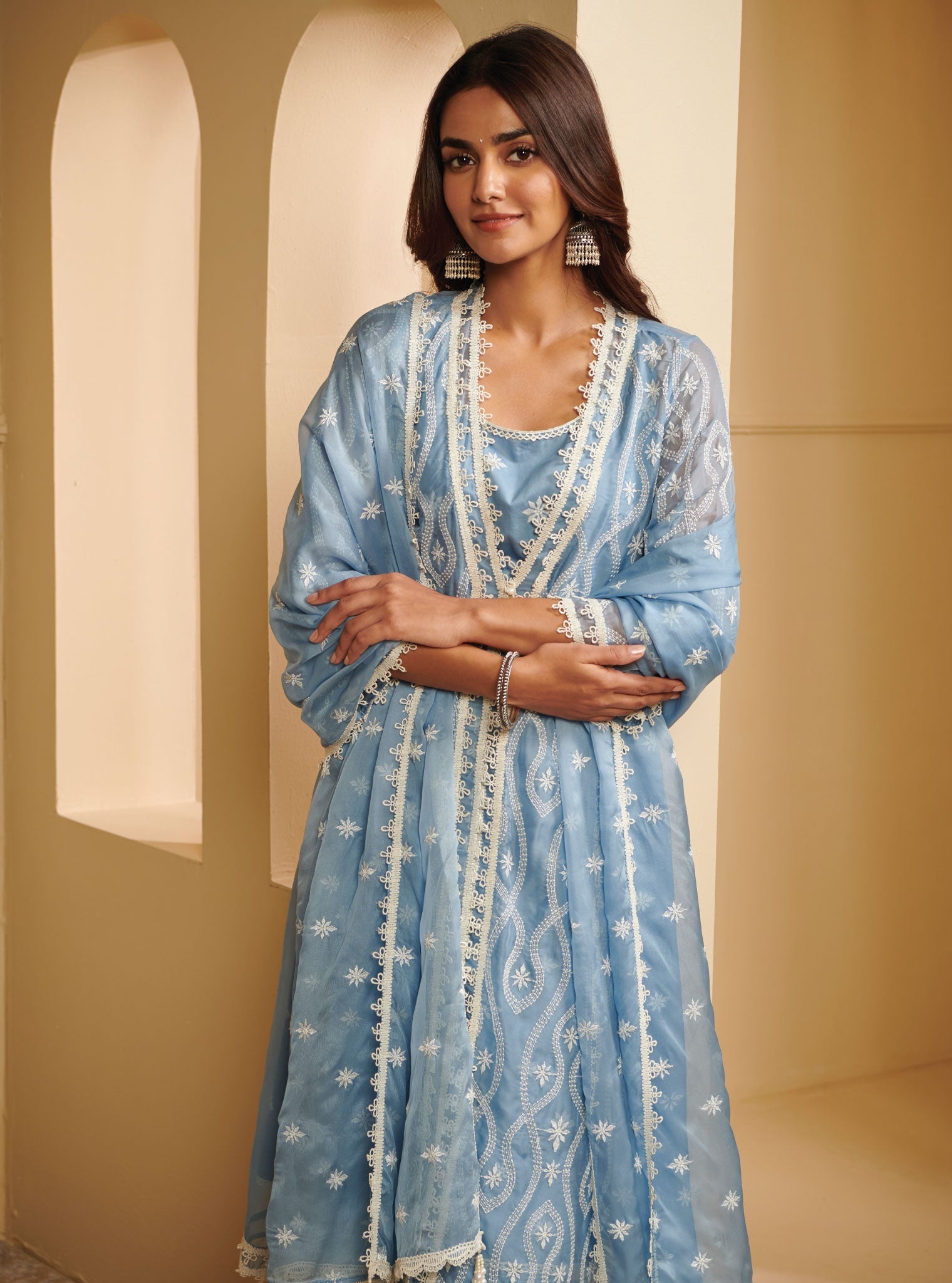 Mulmul Organza Tavisa Blue Kurta With Mulmul Pima Satin Tavisa Blue Pant