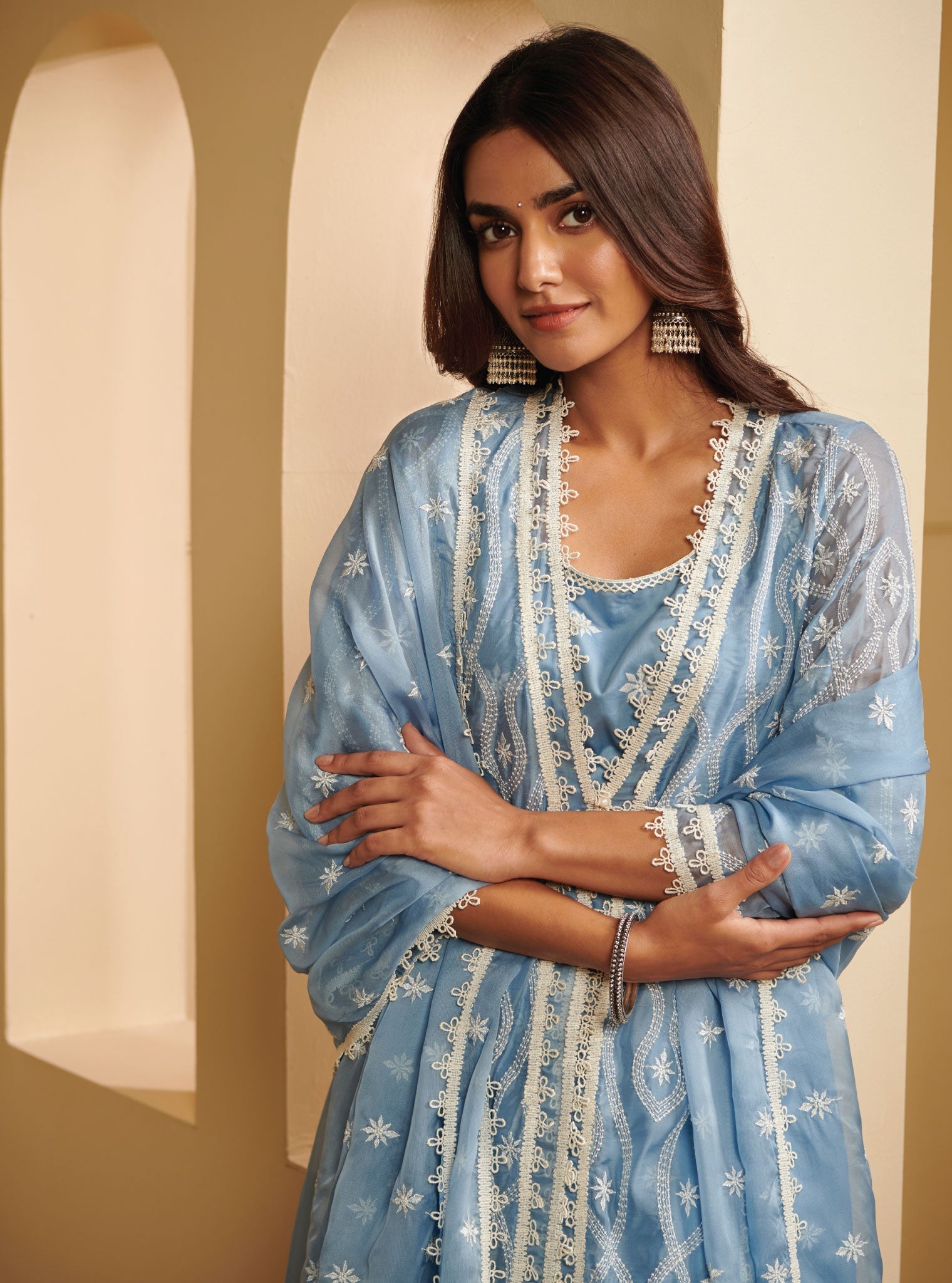 Mulmul Organza Tavisa Blue Kurta With Mulmul Pima Satin Tavisa Blue Pant