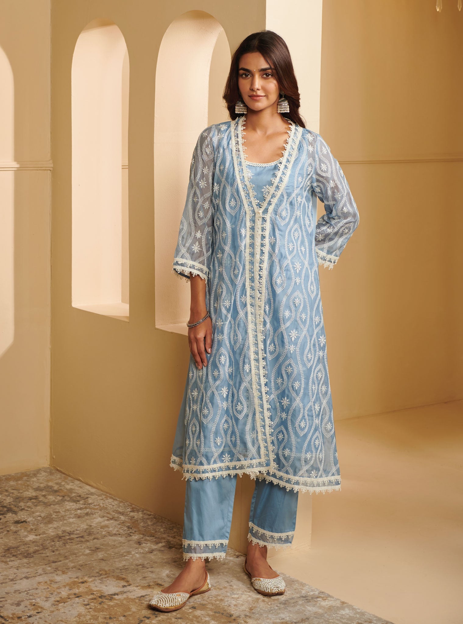 Mulmul Organza Tavisa Blue Kurta With Mulmul Pima Satin Tavisa Blue Pant