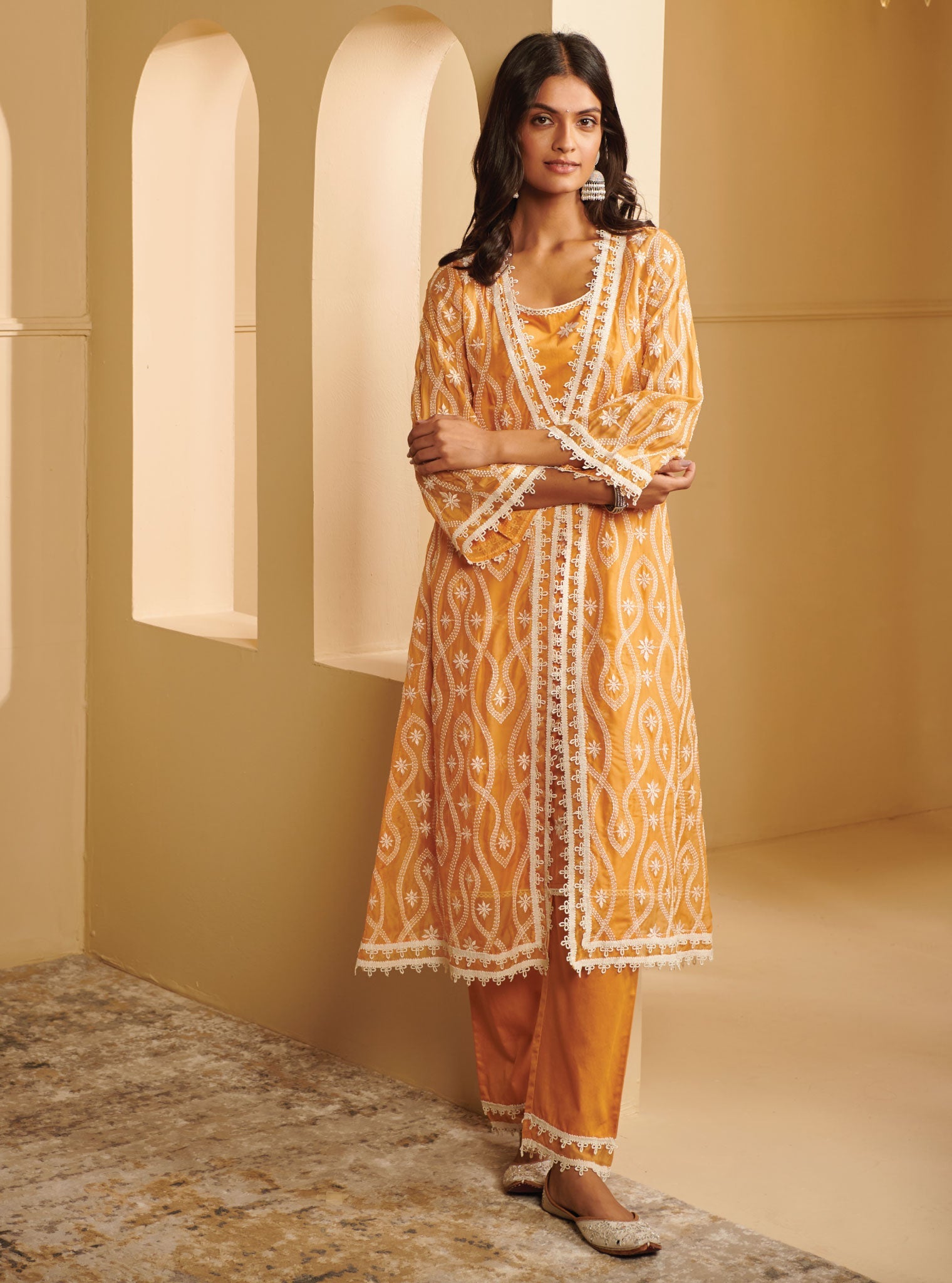 Mulmul Organza Tavisa Mango Kurta With Mulmul Pima Satin Tavisa Mango Pant