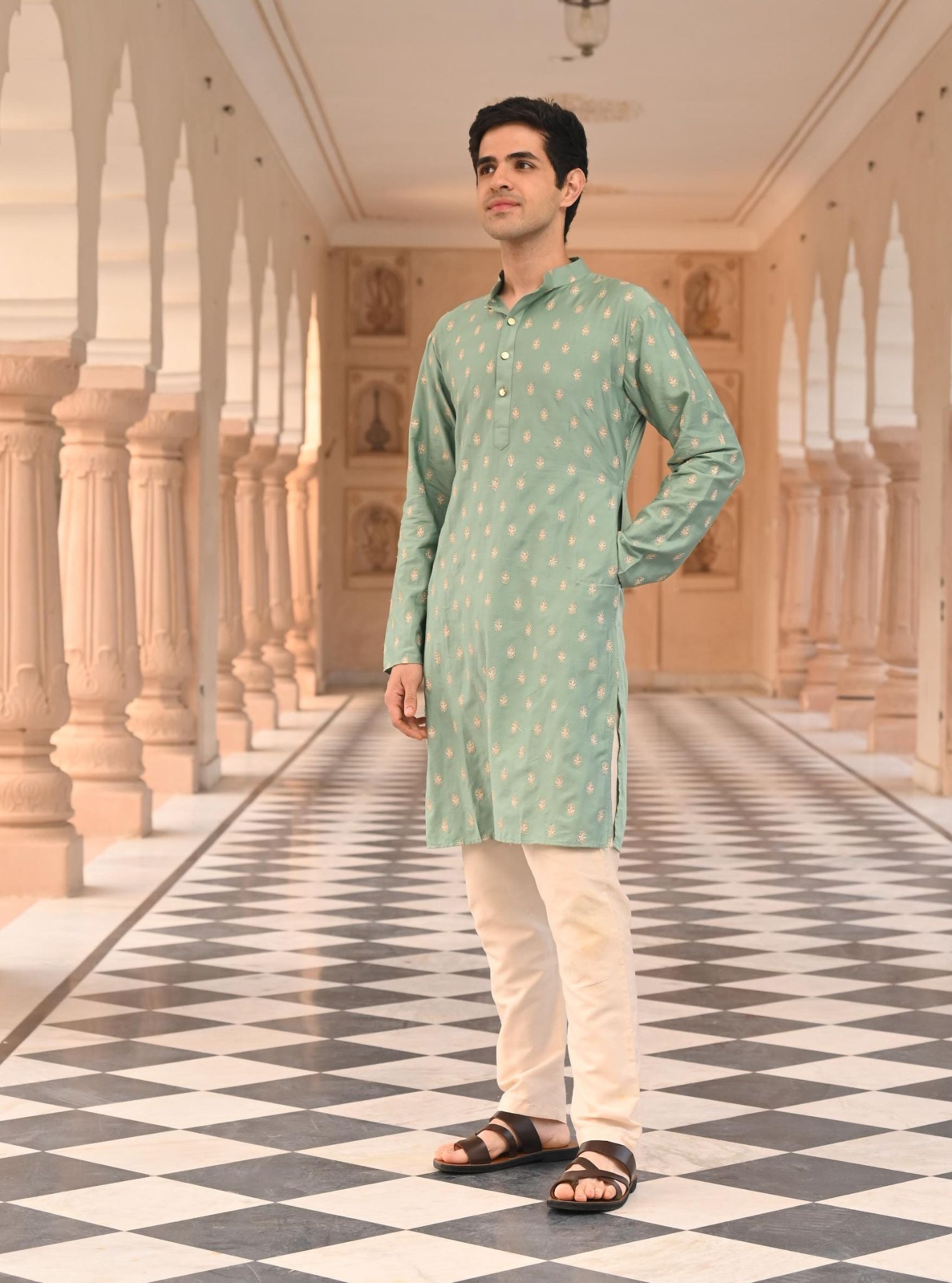 Mulmul Pima Satin Challa Teal Blue Men Kurta with Mulmul Pima Satin Shava Off White Pyajama