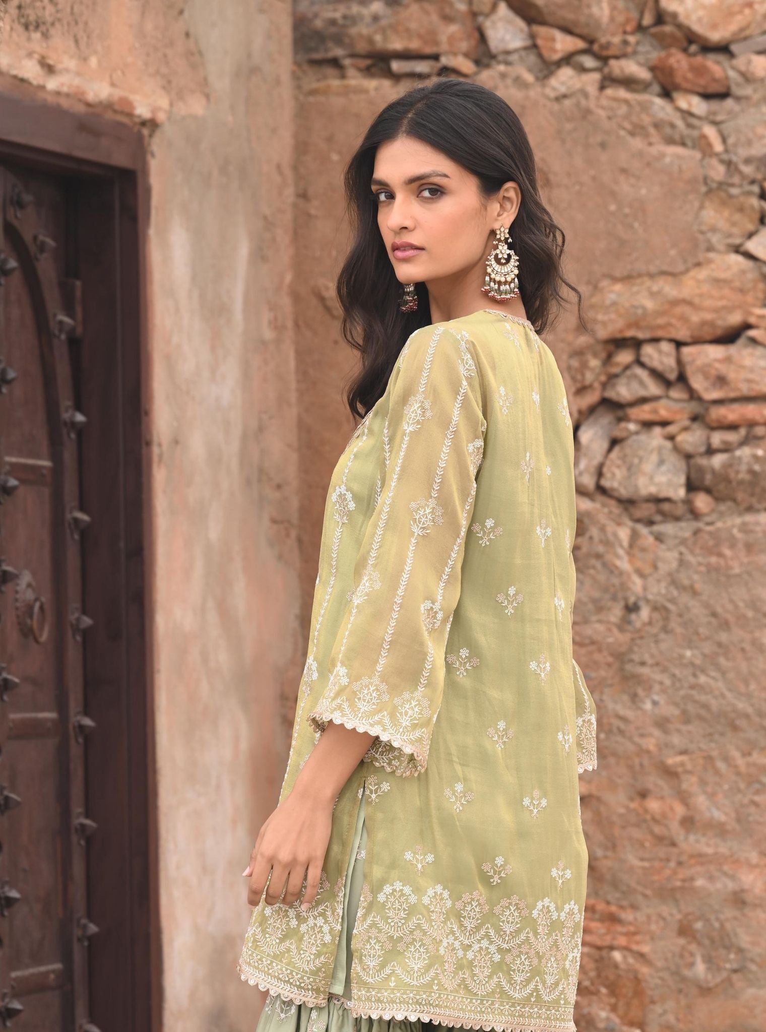 Mulmul Luxe Tissue Heer Sage Green Kurta with Mulmul Organza Satin Heer Sage Green Garara