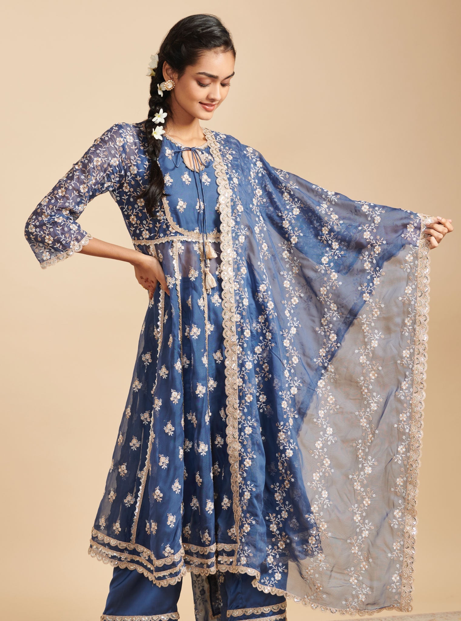 Mulmul Organza Dilbaro Navy Anarkali Kurta With Mulmul Cupro Dilbaro Navy pant