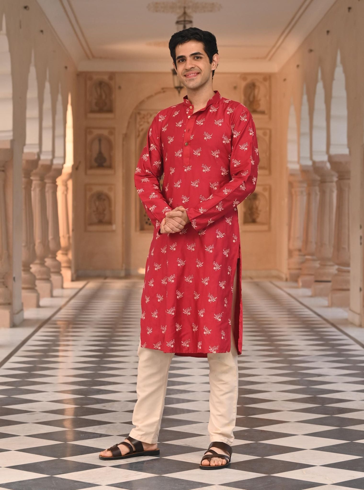 Mulmul Pima Satin Ranjha Red Men Kurta with Mulmul Pima Satin Shava Off White Pyajama