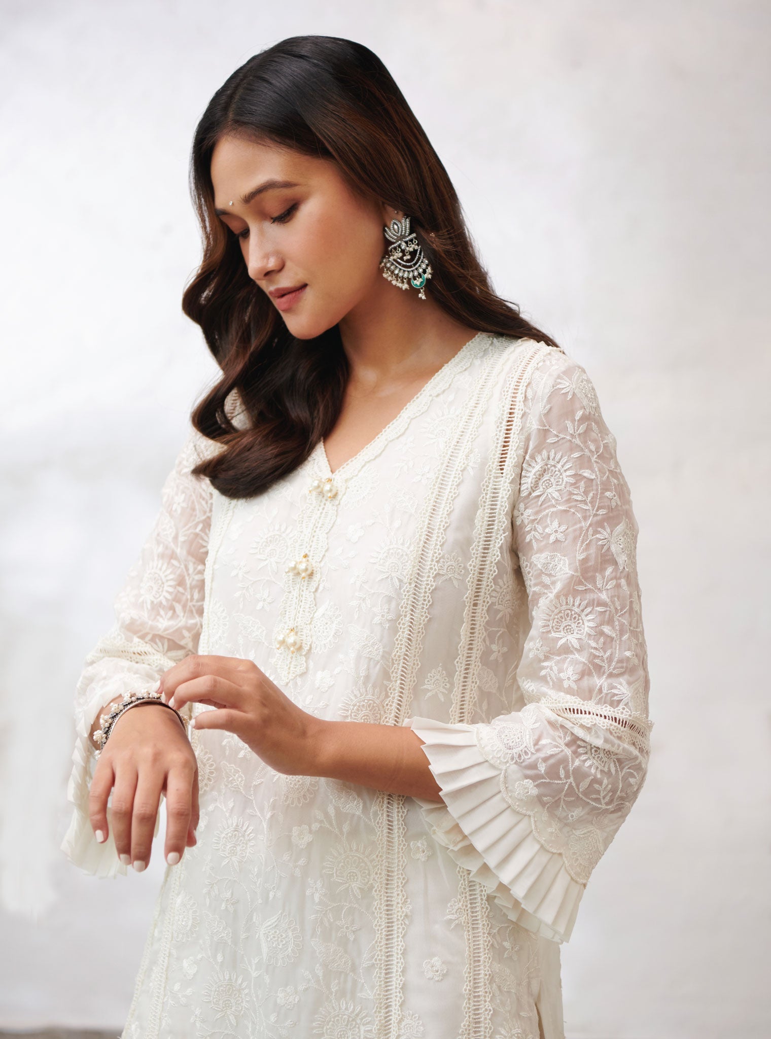 Mulmul Organza Dorset Off White Kurta With Cotton Dorset Off White Pant