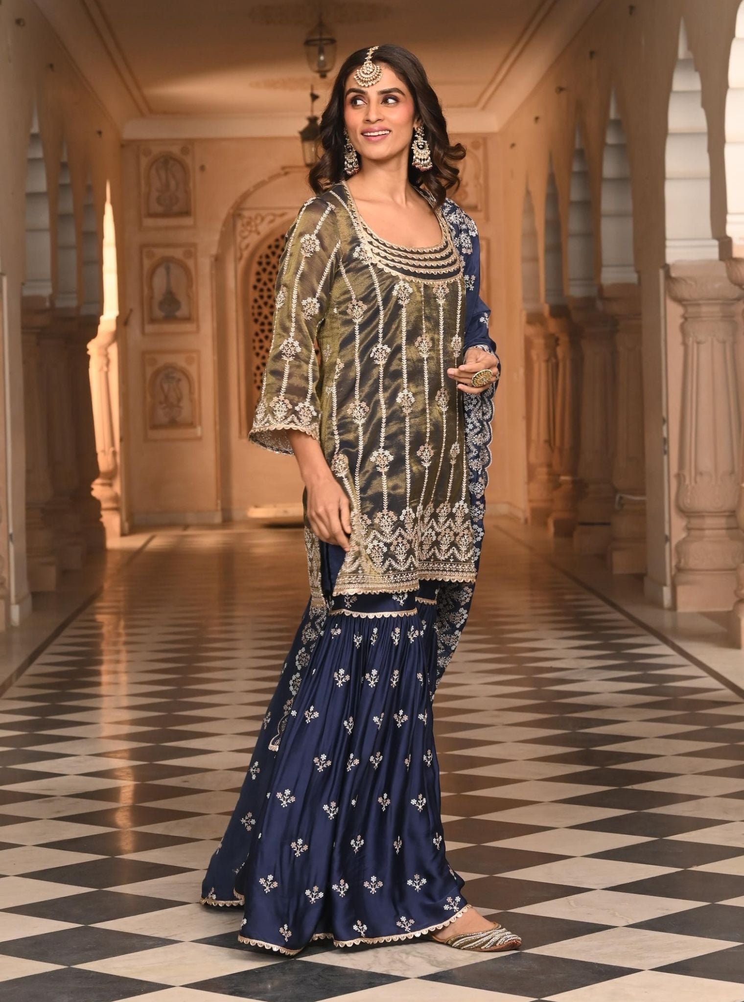 Mulmul Luxe Tissue Heer Navy Kurta with Mulmul Organza Satin Heer Navy Garara