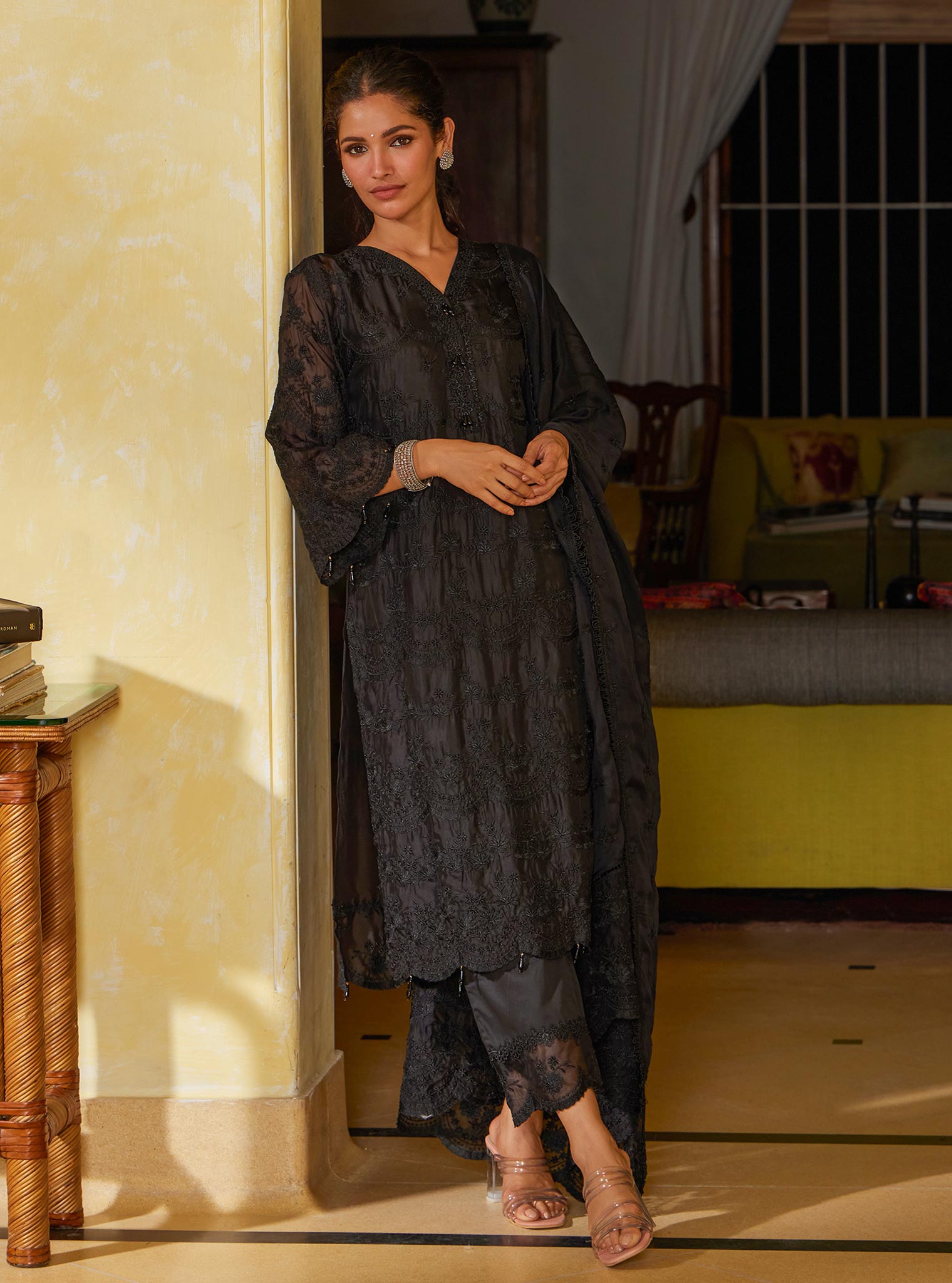 Mulmul Organza Ivati Black Kurta with Mulmul Pima Ivati Black Pant