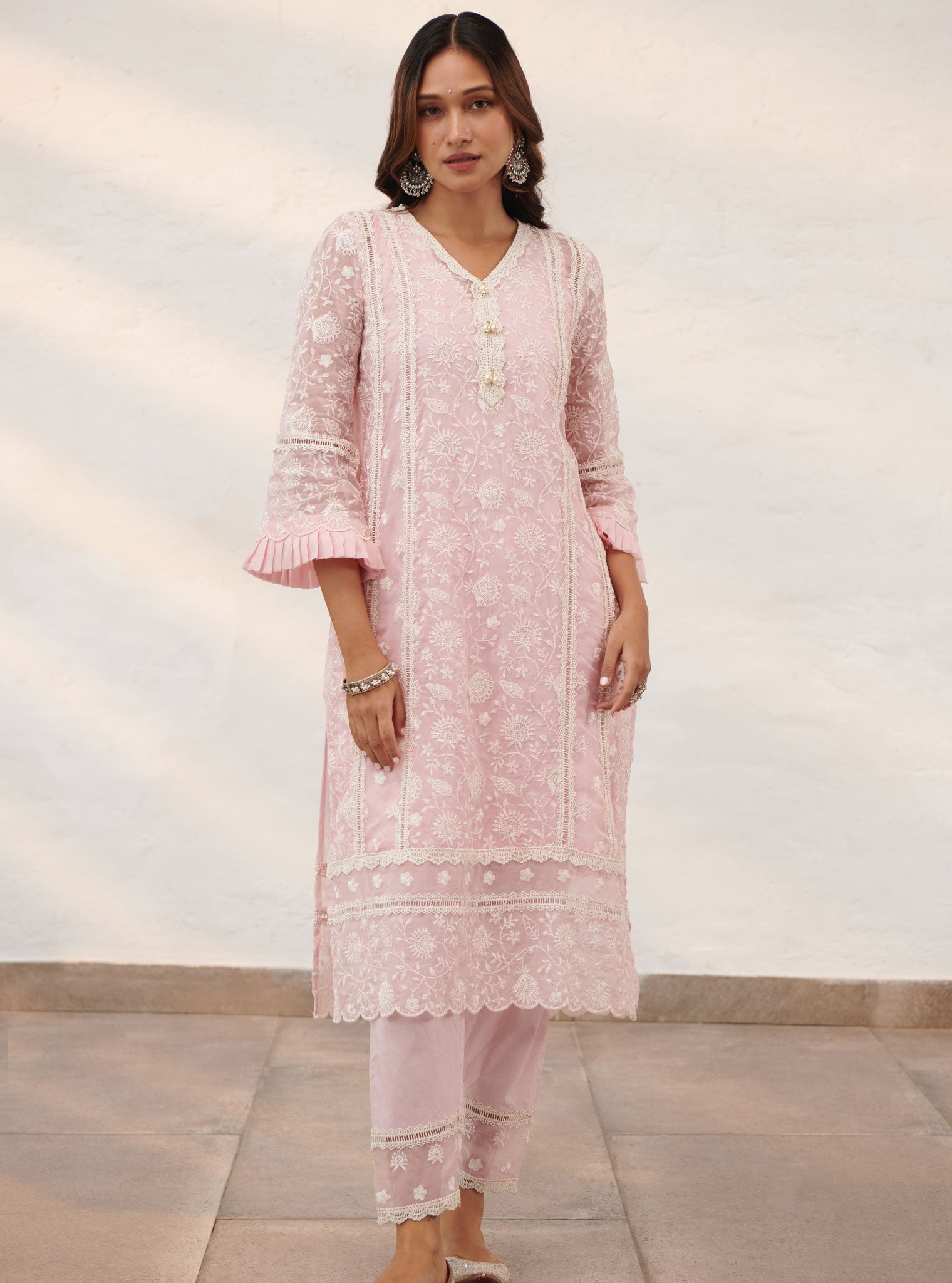 Mulmul Organza Dorset Pink Kurta With Cotton Dorset Pink Pant