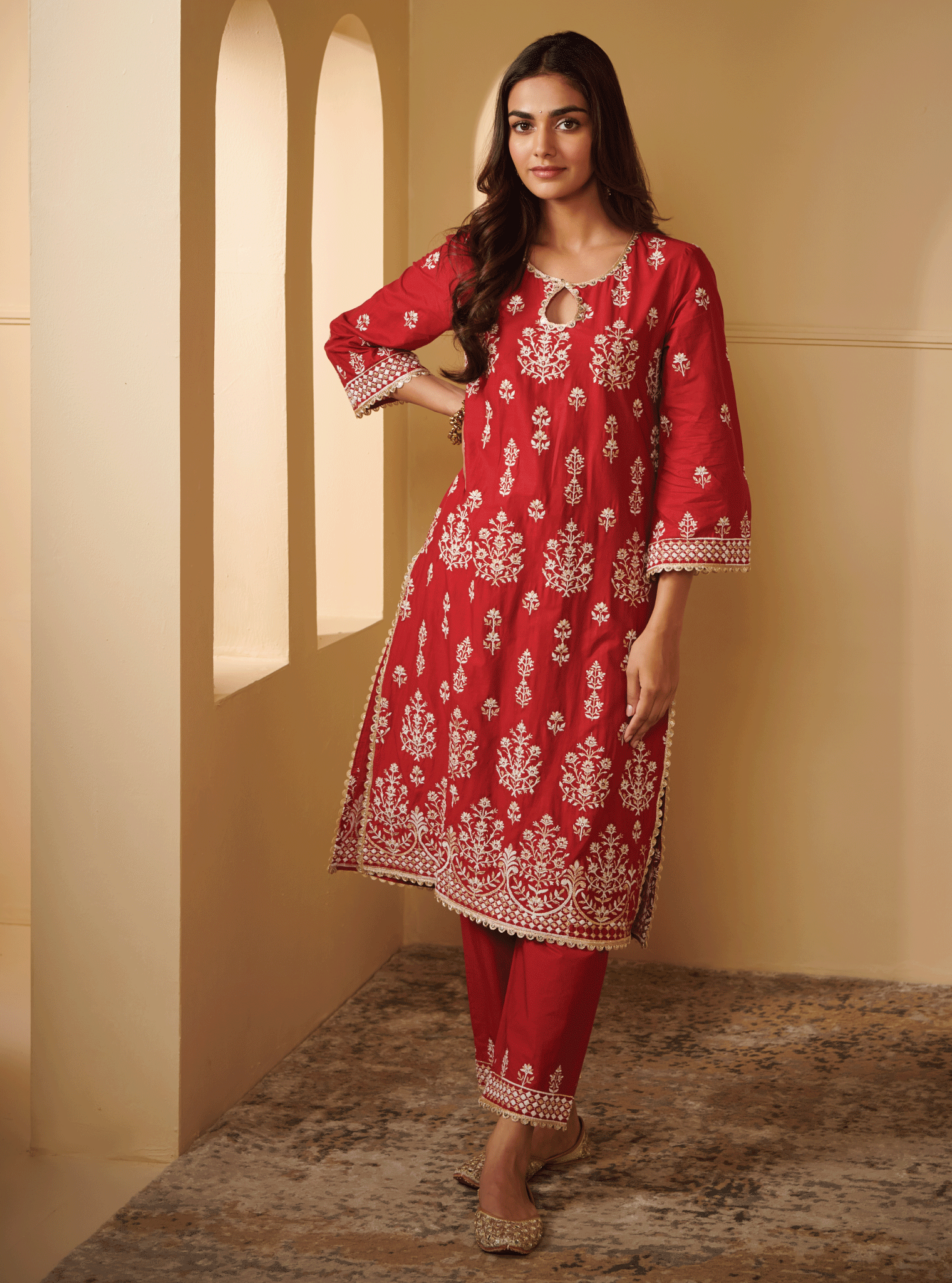 Mulmul Cotton Kasari Red Kurta With Kasari Red Pant