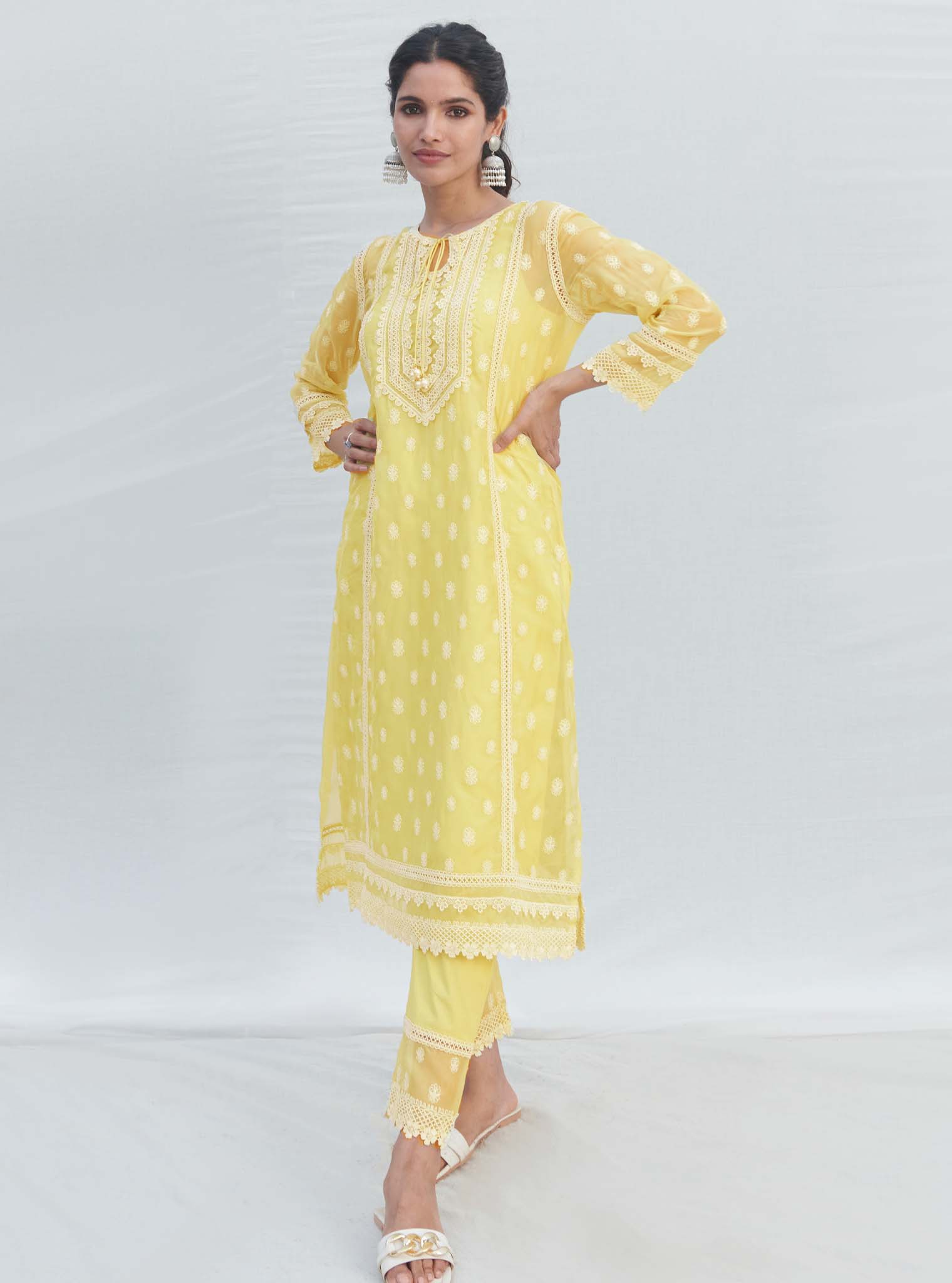 Mulmul Organza Jankia Yellow Kurta With Mulmul Cotton Jankia Yellow pant