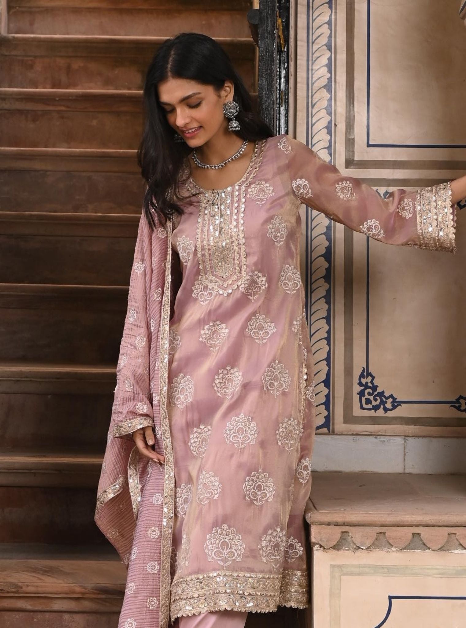 Mulmul Luxe Tissue Kasuri Lilac Kurta with Mulmul Pima Satin Kasuri Lilac Pant