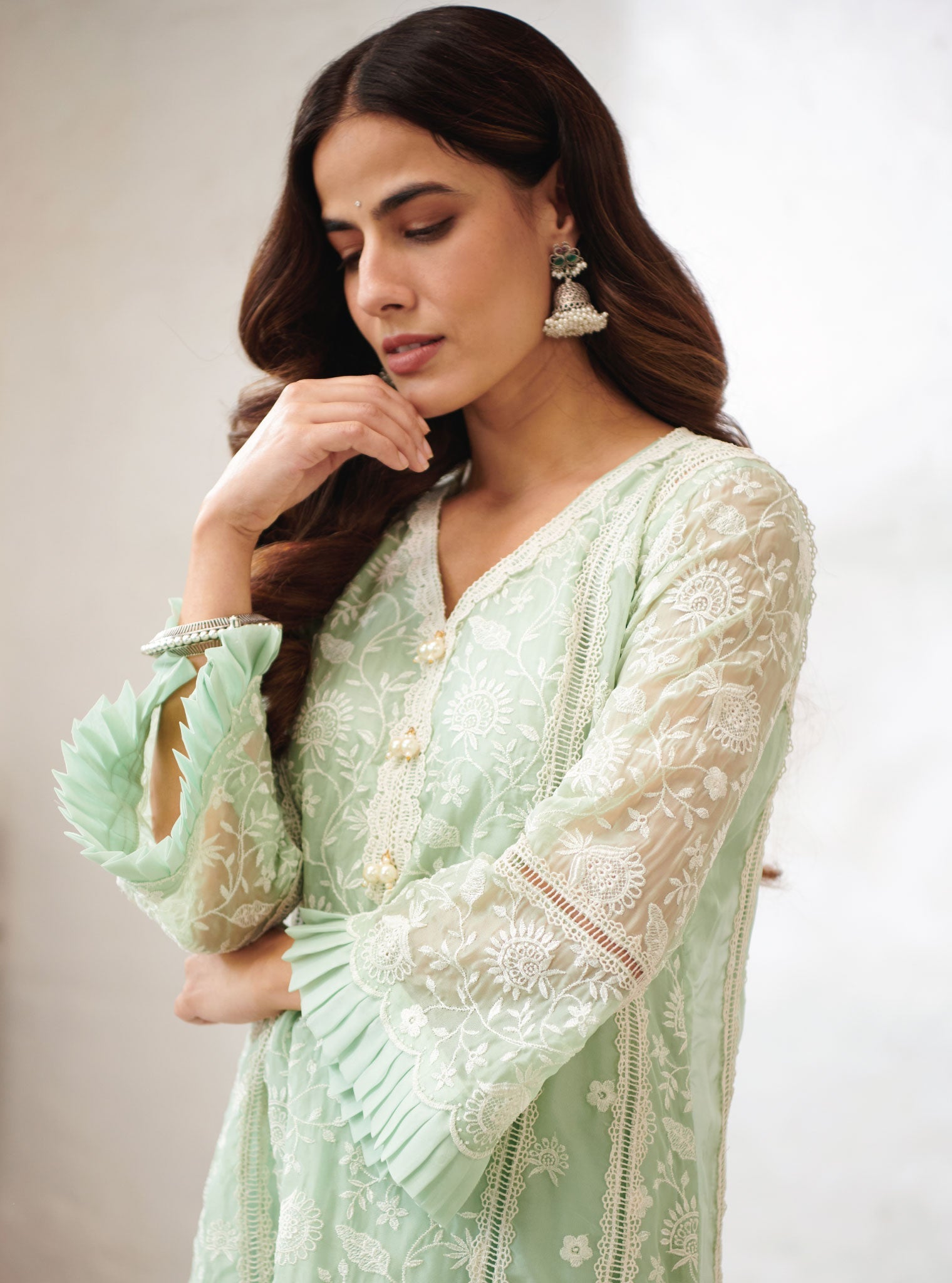 Mulmul Organza Dorset Green Kurta With Cotton Dorset Green Pant