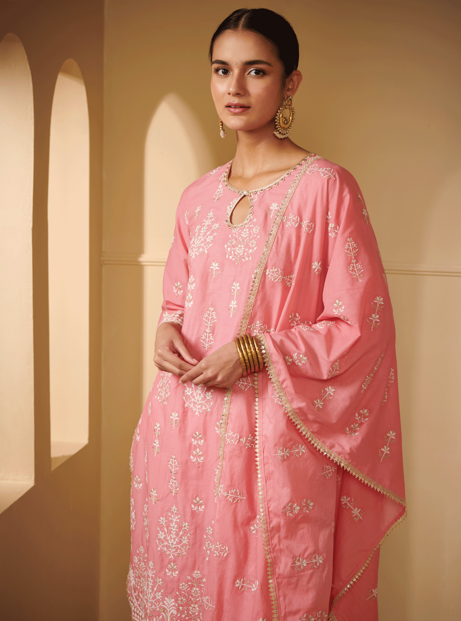 Mulmul Cotton Kasari Pink Kurta With Kasari Pink Pant