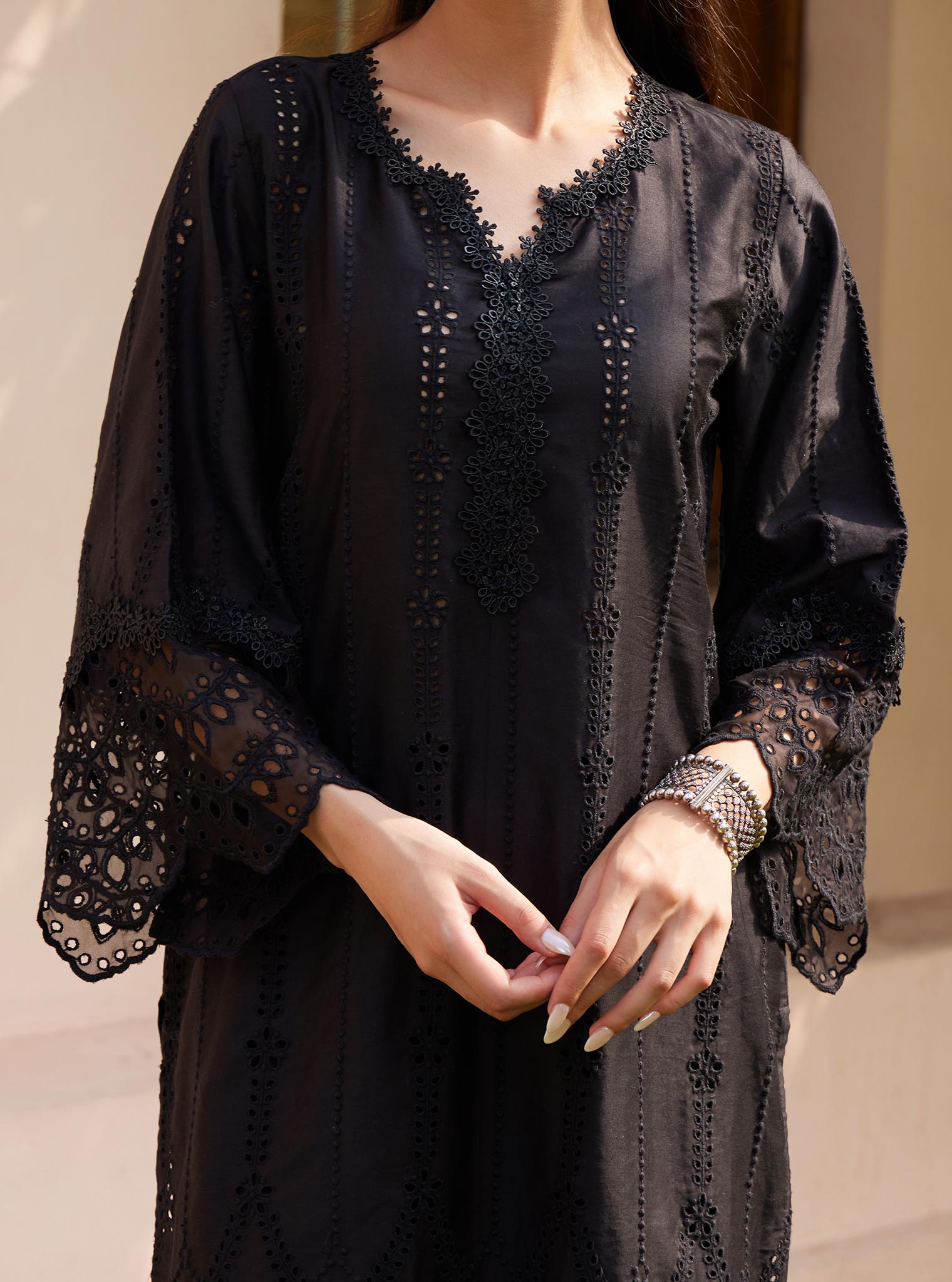 Mulmul Pima Vachi Black Kurta with Mulmul Pima Vachi Black Pant