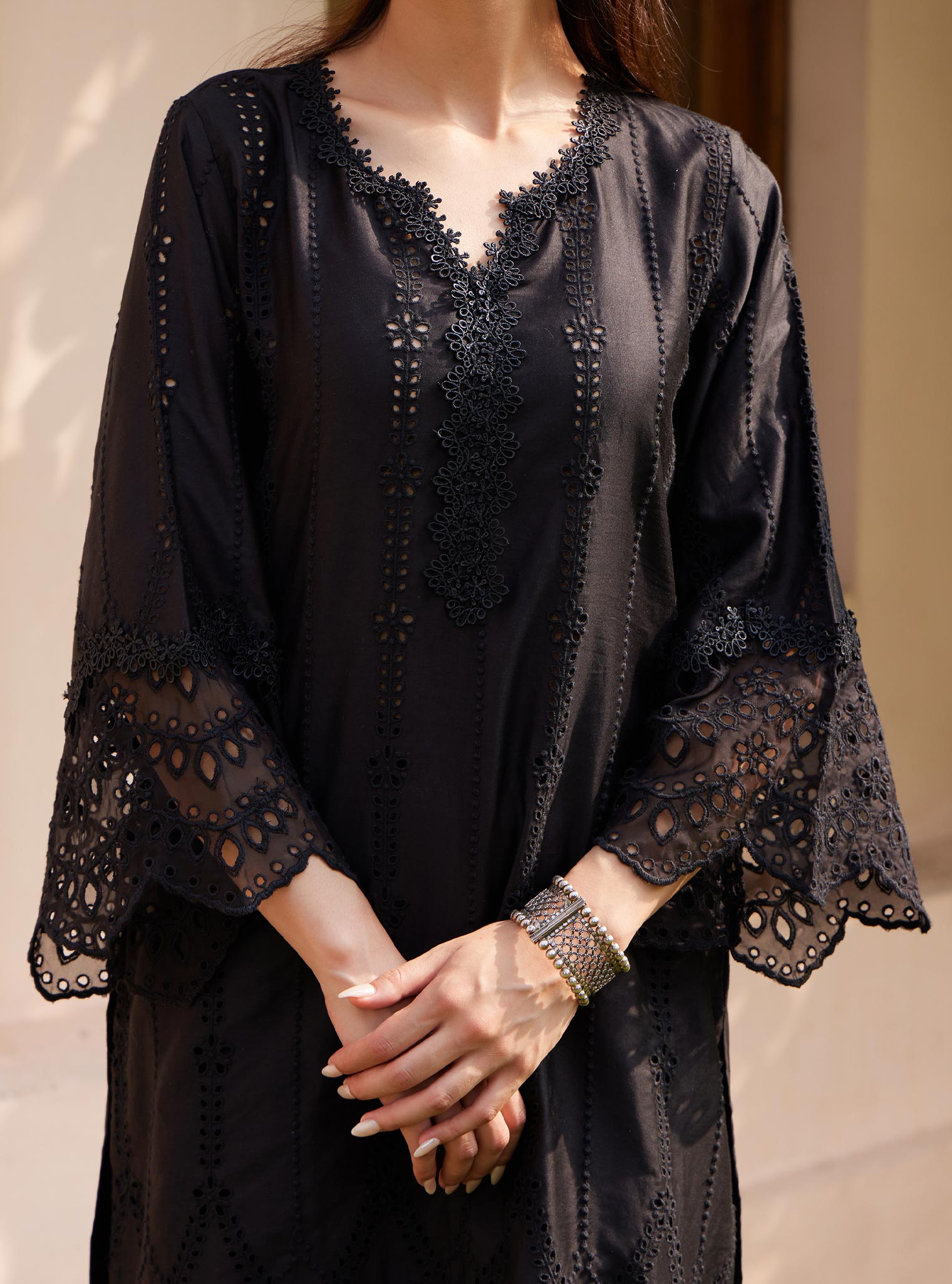 Mulmul Pima Vachi Black Kurta with Mulmul Pima Vachi Black Pant