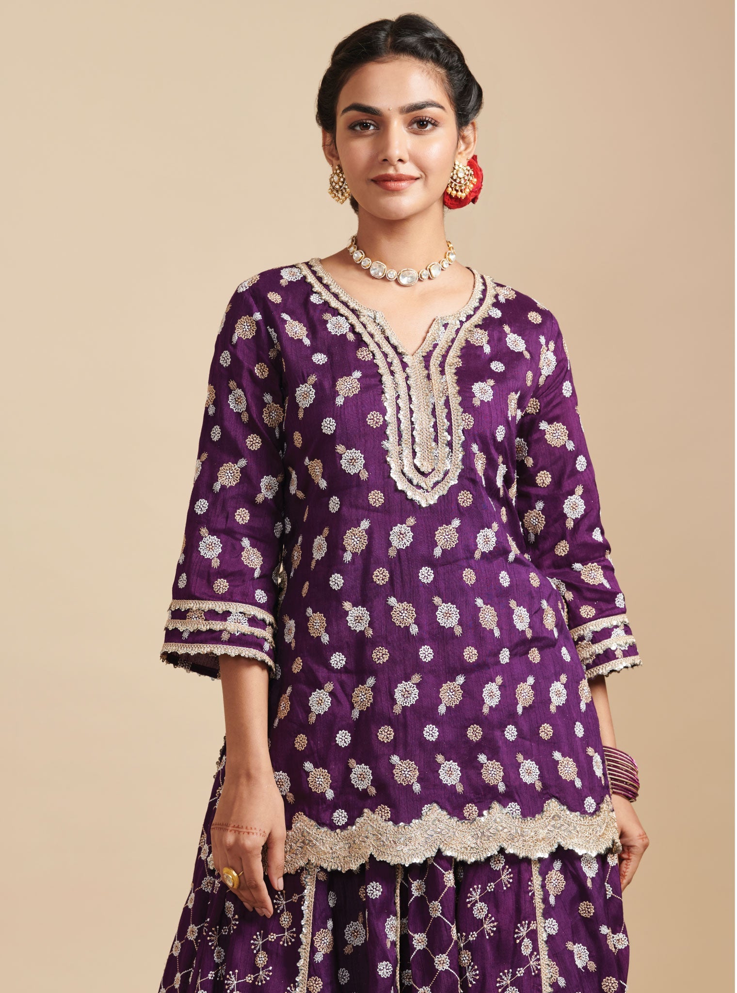 Mulmul Silk Surkh Purple Kurta With Mulmul Silk Surkh Purple Lehenga