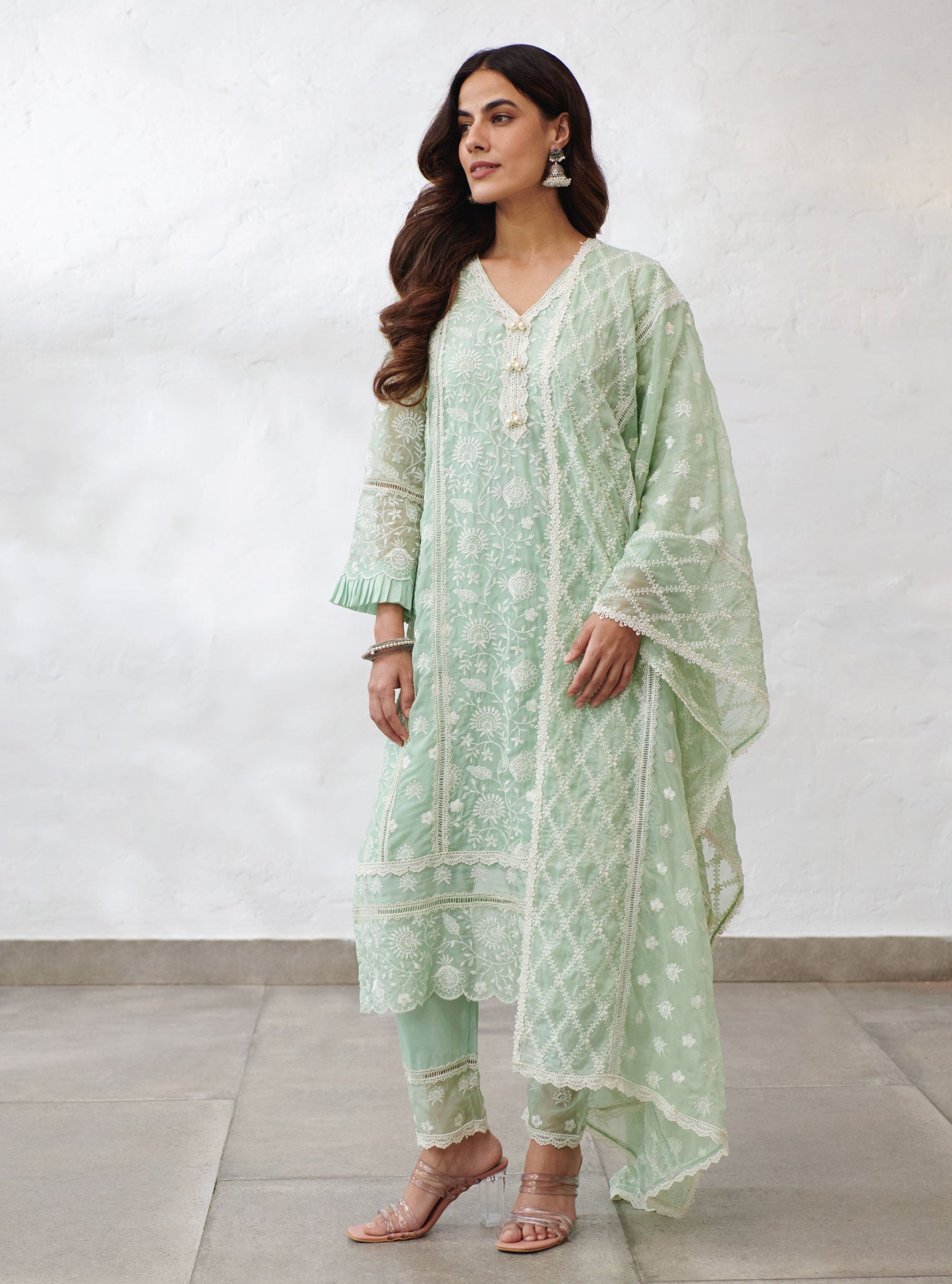 Mulmul Organza Dorset Green Kurta With Cotton Dorset Green Pant