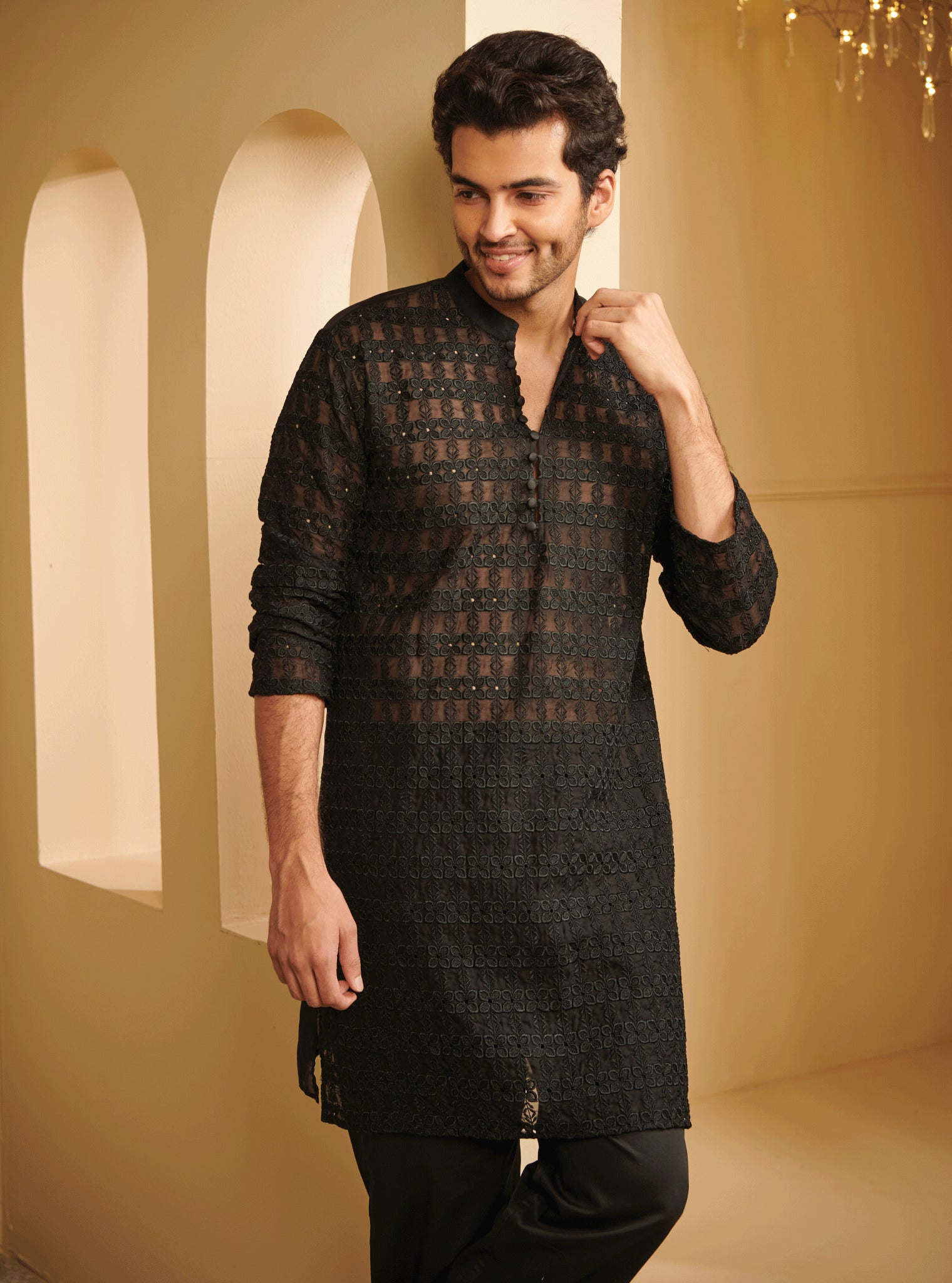 Mulmul Organza Zeke Black Kurta With Mulmul Pima Satin Zeke Black Pyajama