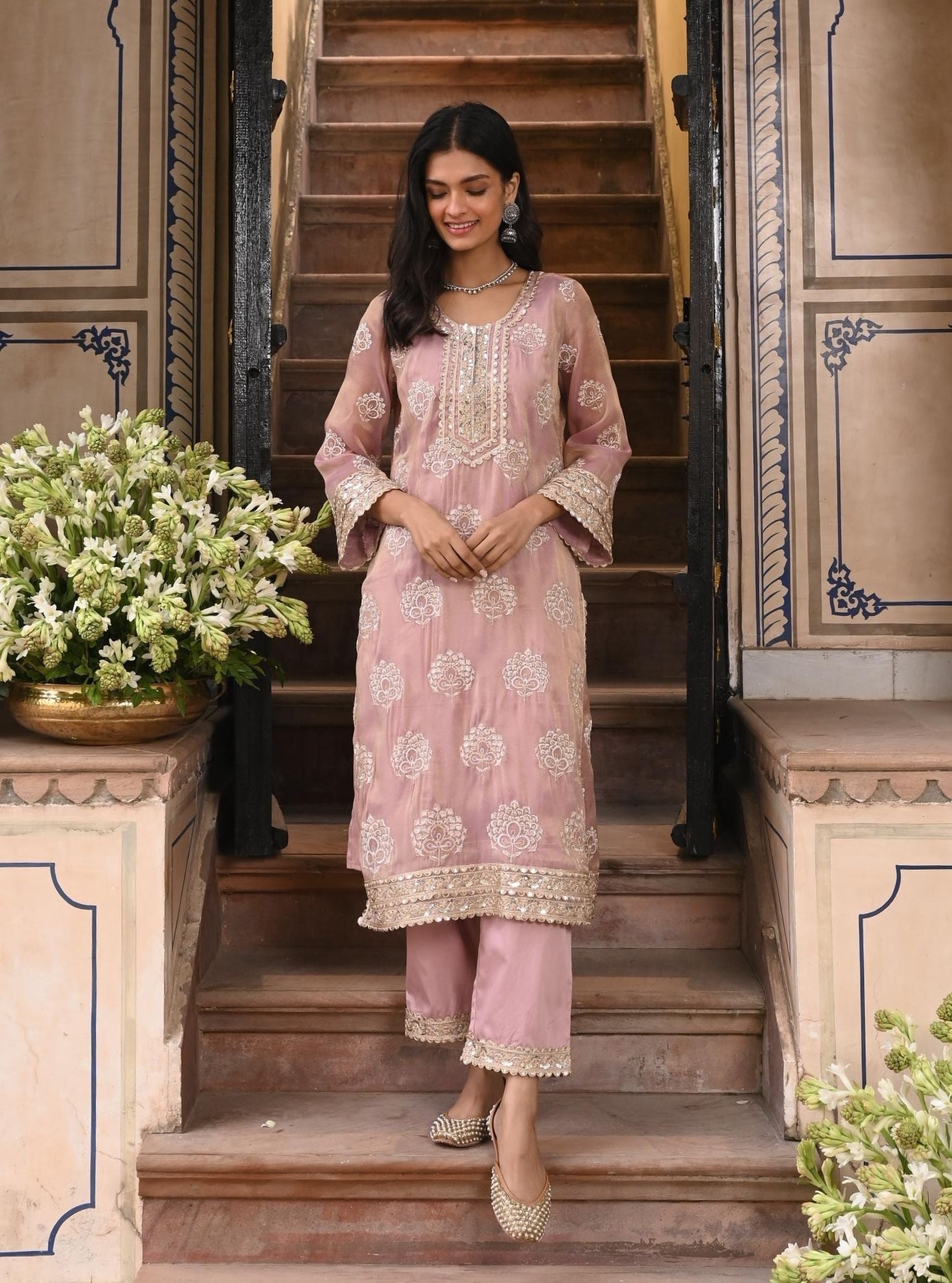 Mulmul Luxe Tissue Kasuri Lilac Kurta with Mulmul Pima Satin Kasuri Lilac Pant