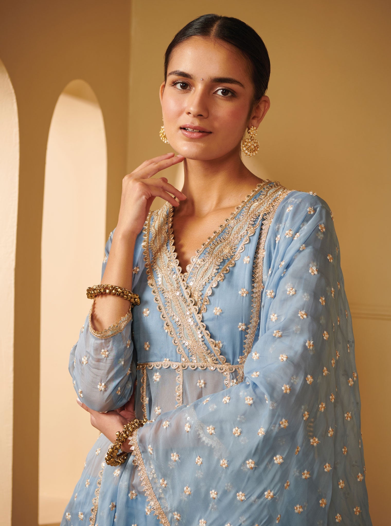 Mulmul Organza Ancita Anarkali Blue Kurta With Mulmul Pima Satin Ancita Blue Pant