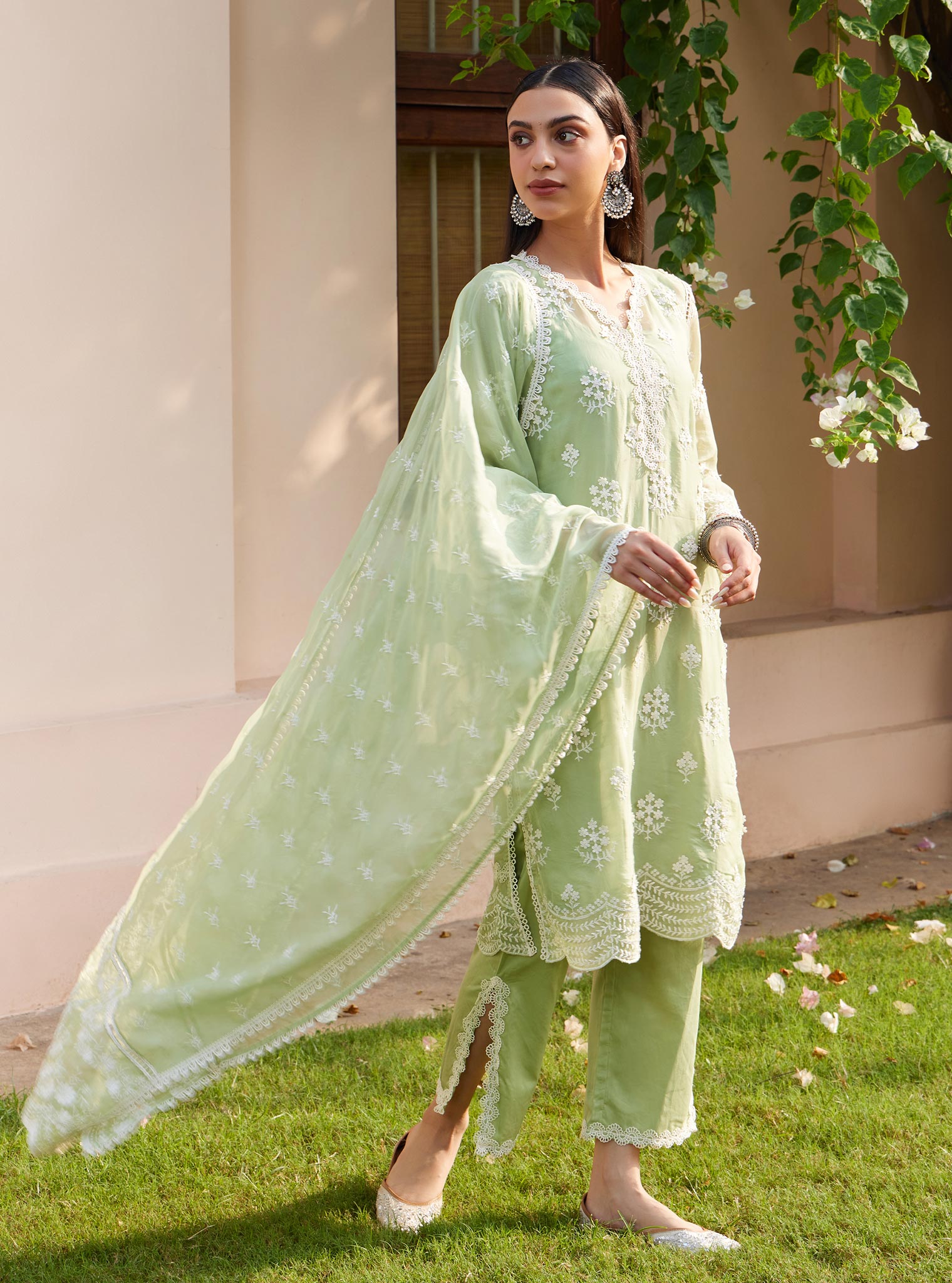 Mulmul Organza Aruni Green Kurta with Mulmul Pima Aruni Green Pant