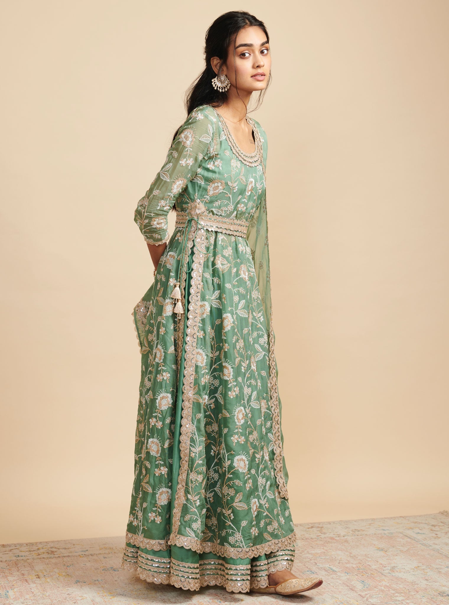 Mulmul Organza Masakali Green Long Kurta With Mulmul Cupro Masakali Green Skirt