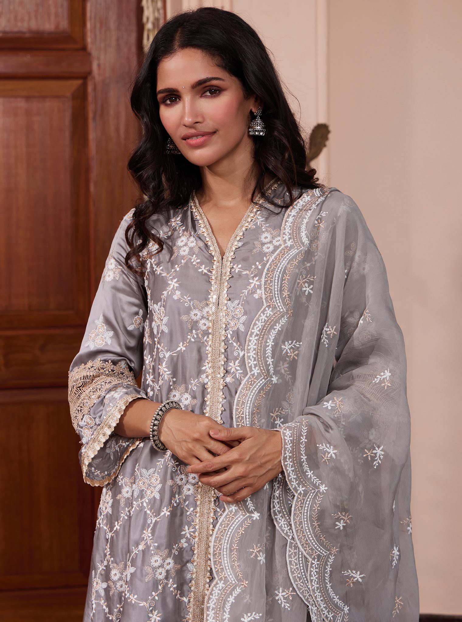 Mulmul Cupro Dvija Grey Kurta with Mulmul Cupro Dvija Grey Pant