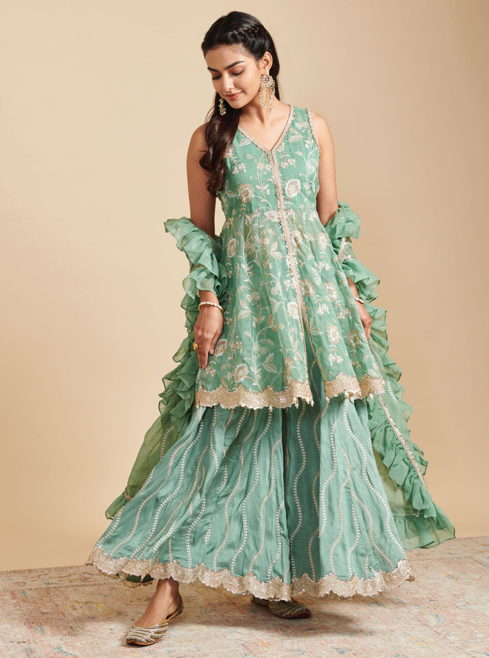 Mulmul Organza Lashkara Green Short Anarkali Kurta With Mulmul Silk La