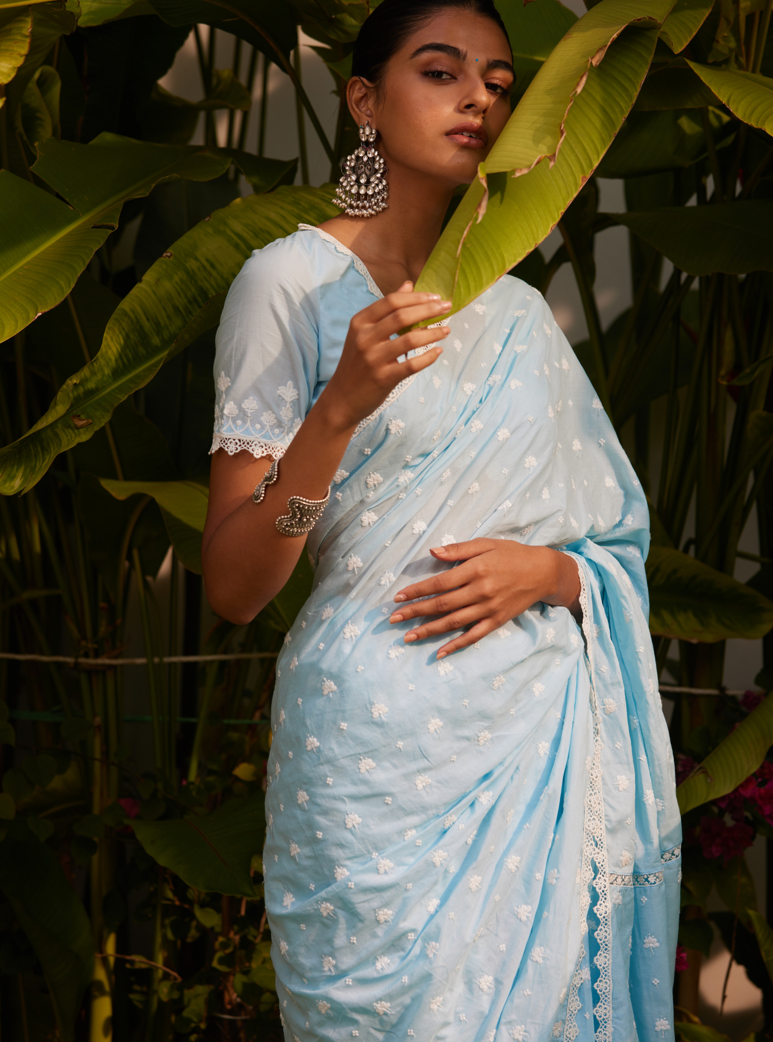 Sky Blue Embroidered Cotton Saree | Leemboodi