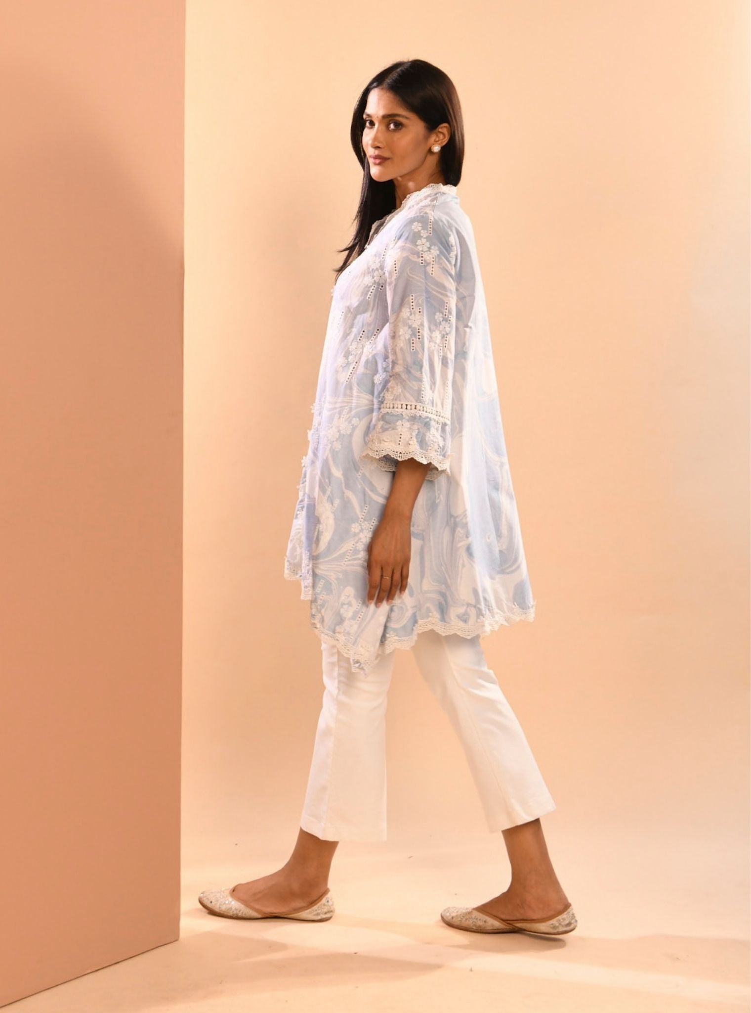 Mulmul Cotton Marble Wyn Blue Kurta