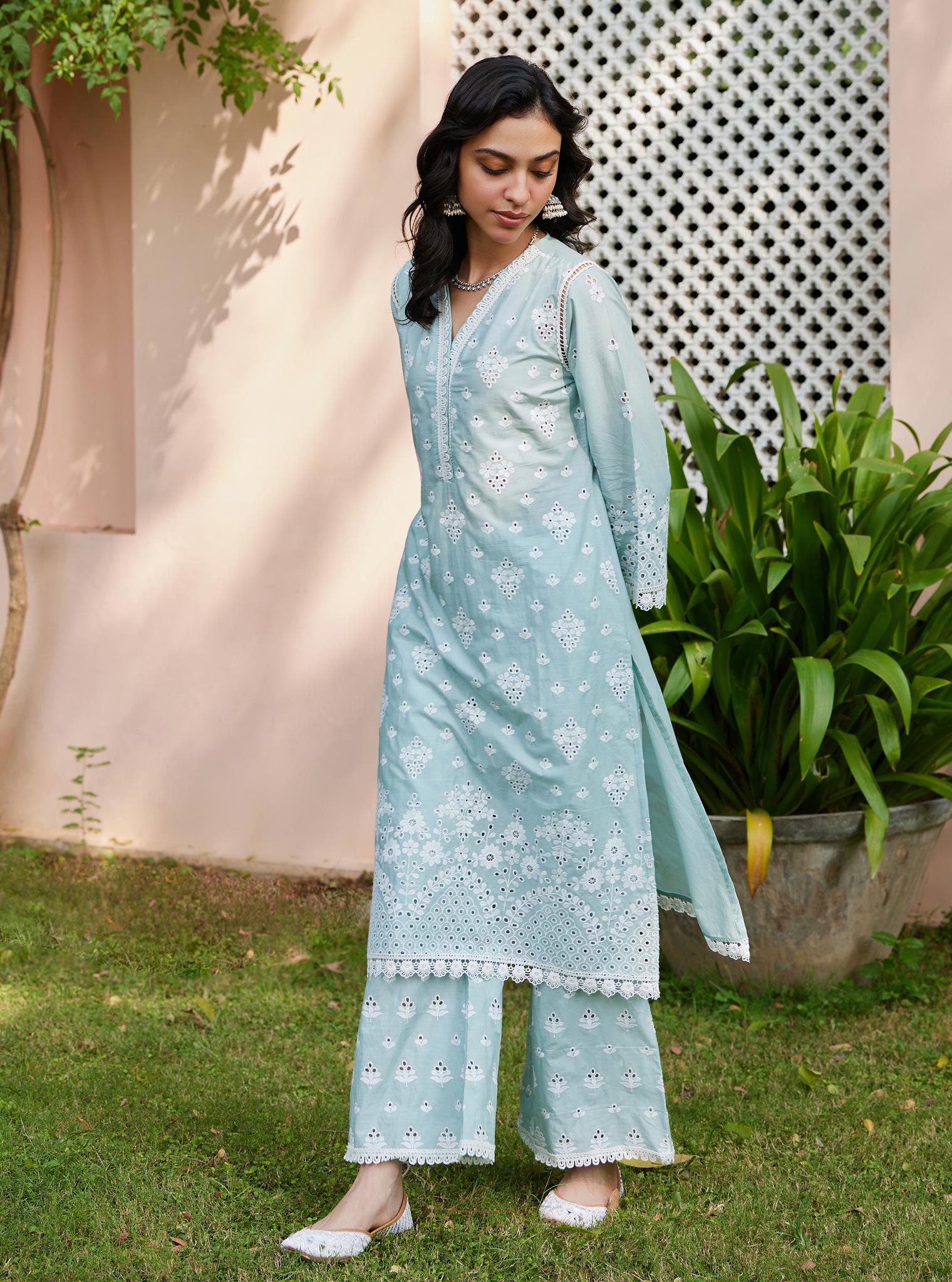 Mulmul Cotton Peehu Light Blue Kurta with Mulmul Cotton Peehu Light Blue Pant