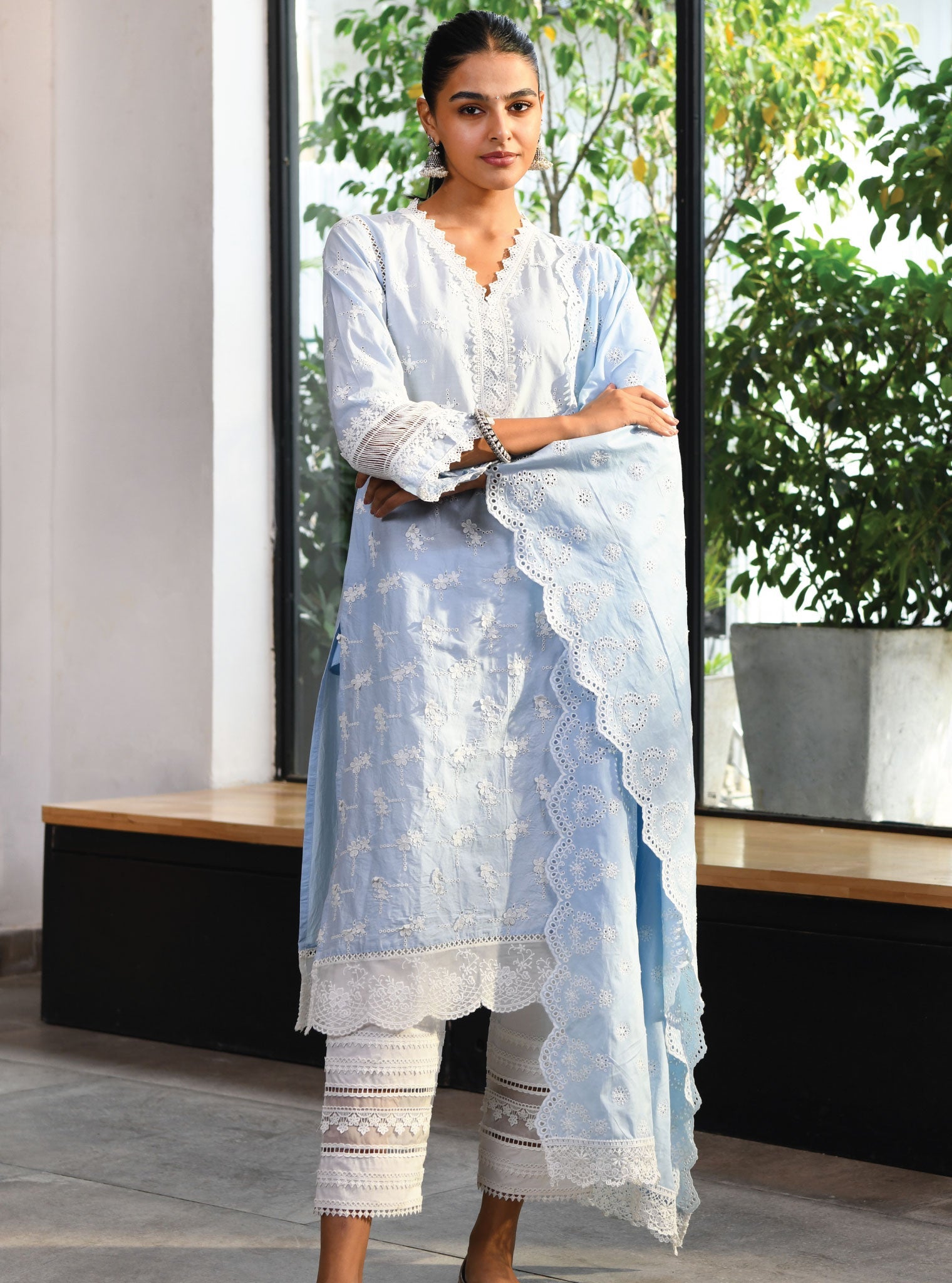 Mulmul Cotton Salisbury Blue Kurta With Multi Lace Slim White Pant