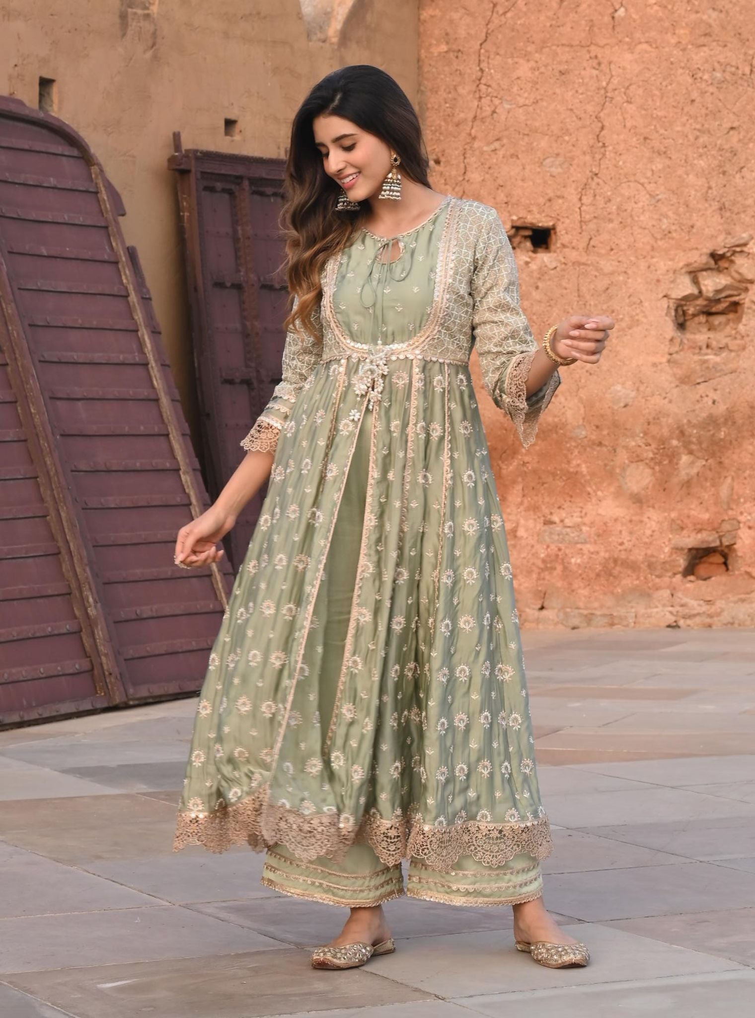 Mulmul Organza Satin Navrai Sage Green Anarkali Kurta with Mulmul Modal Satin Navrai Sage Green Pant