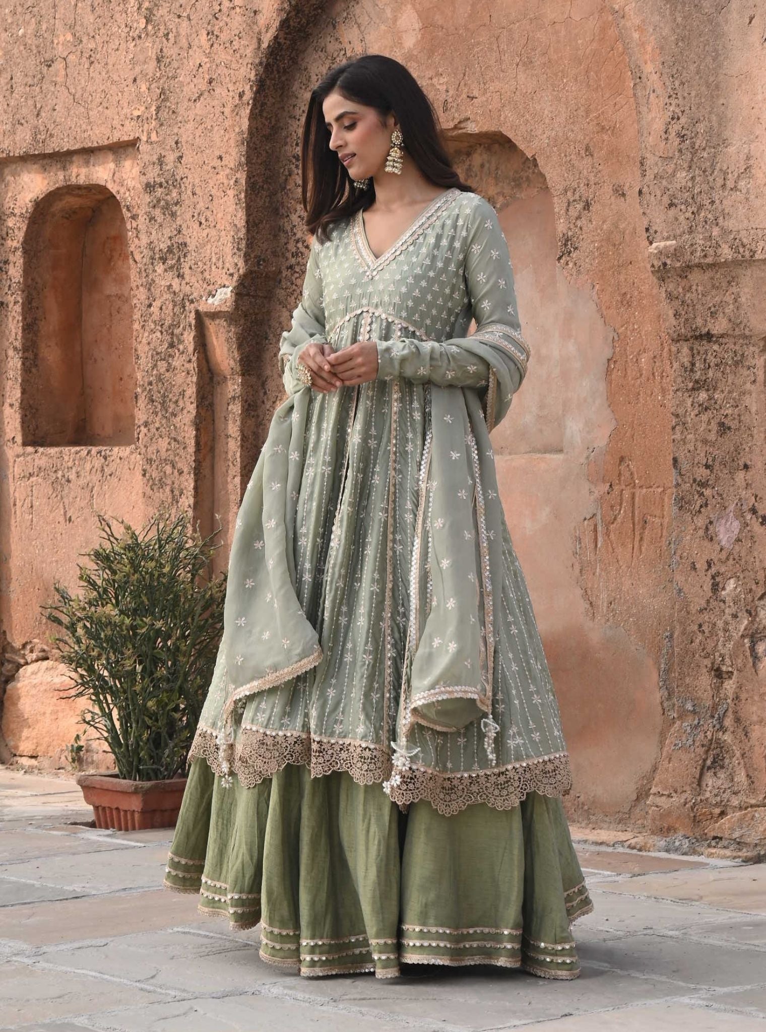 Mulmul Organza Satin Jhoom Sage Green Anarkali Kurta with Mulmul Luxe Tissue Satin Jhoom Sage Green Lehenga