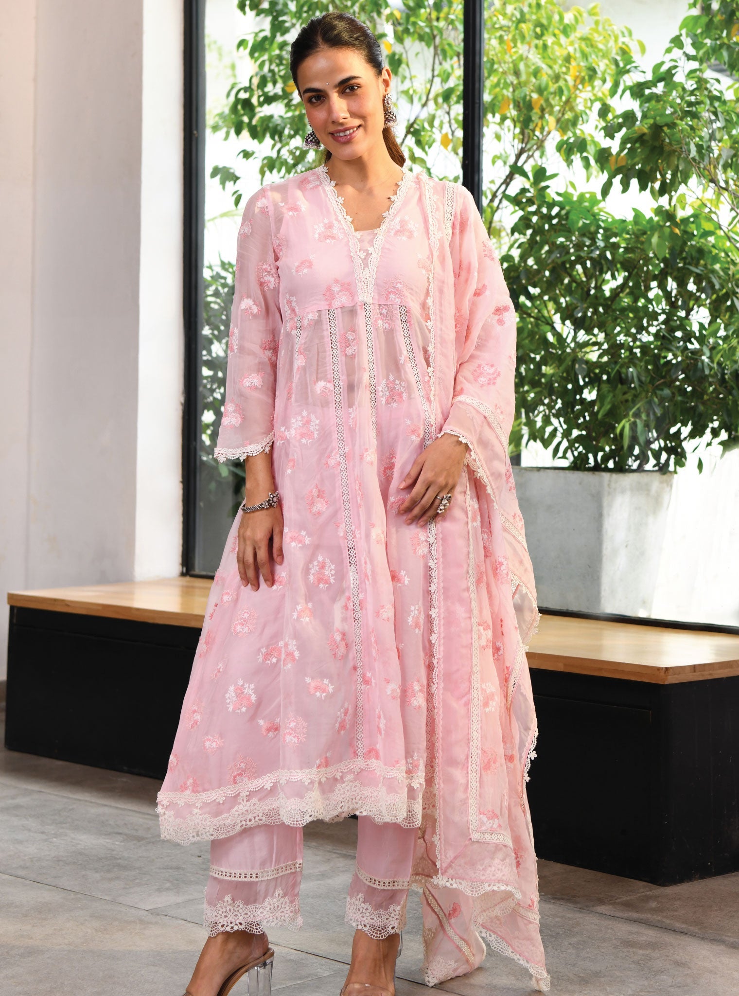 Mulmul Organza Stirling Pink Anarkali Kurta With Cotton Stirling Pink Pant