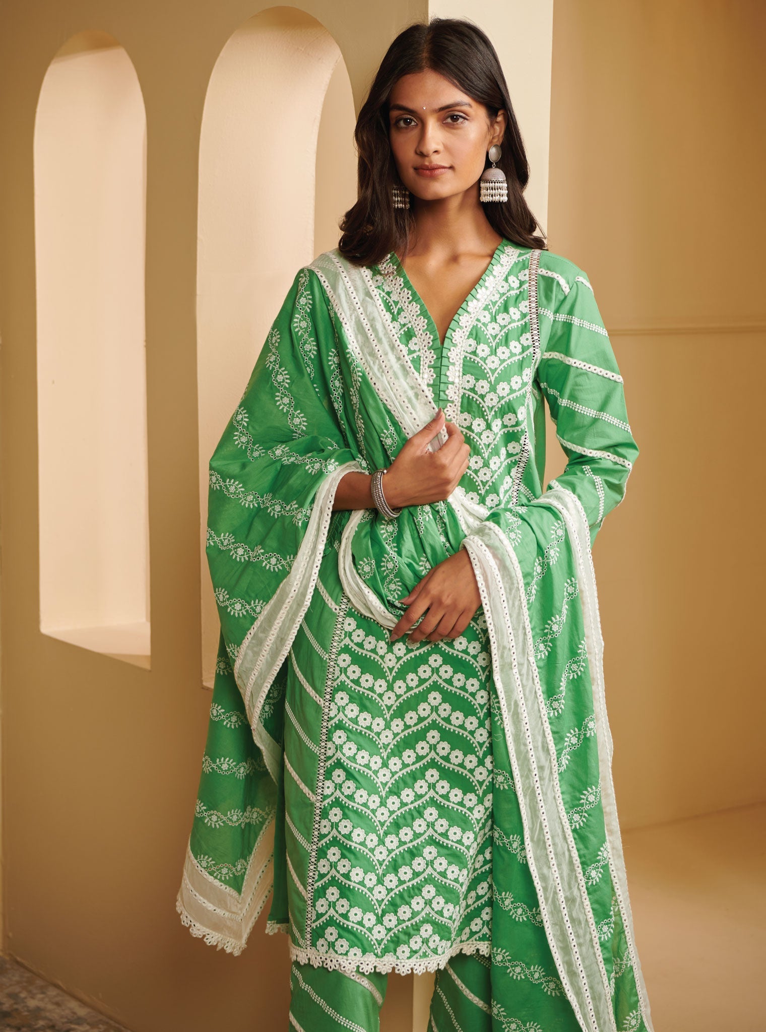 Mulmul Cotton Nasreen Green Kurta With Nasreen Green Pant