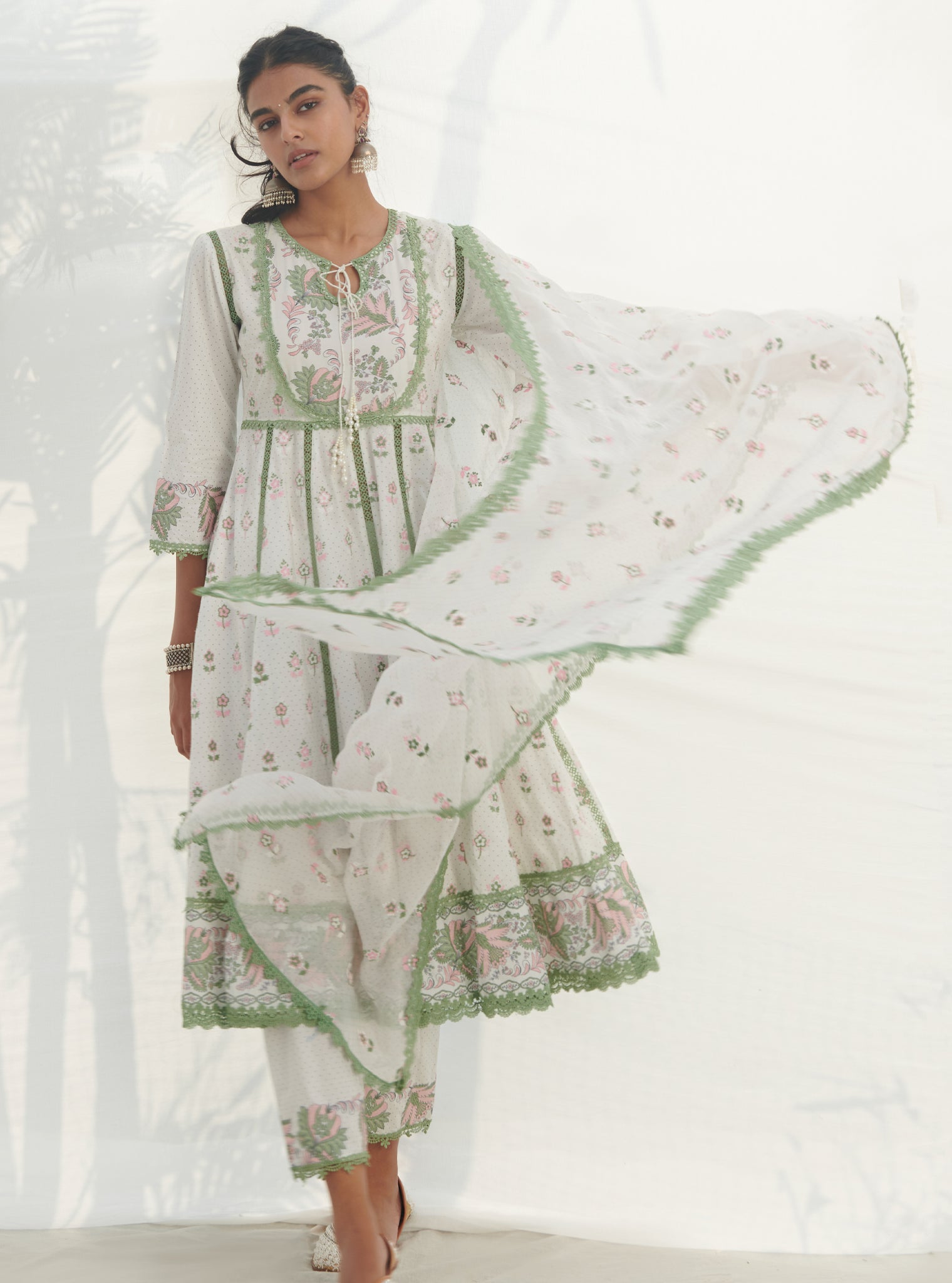 Mulmul Cotton Amaryllis Anarkali Green Kurta With Mulmul Cotton Amaryllis Green Pant