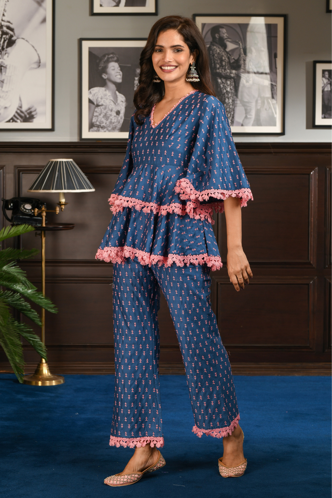 Mulmul Pima Satin Ancle Blue Kurta With Ancle Blue Pant