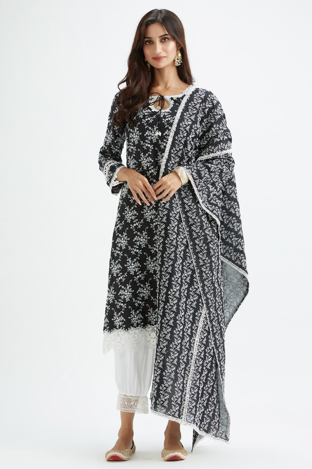 Mulmul Supima Satin Brook Black Kurta With Lax Harem Pant