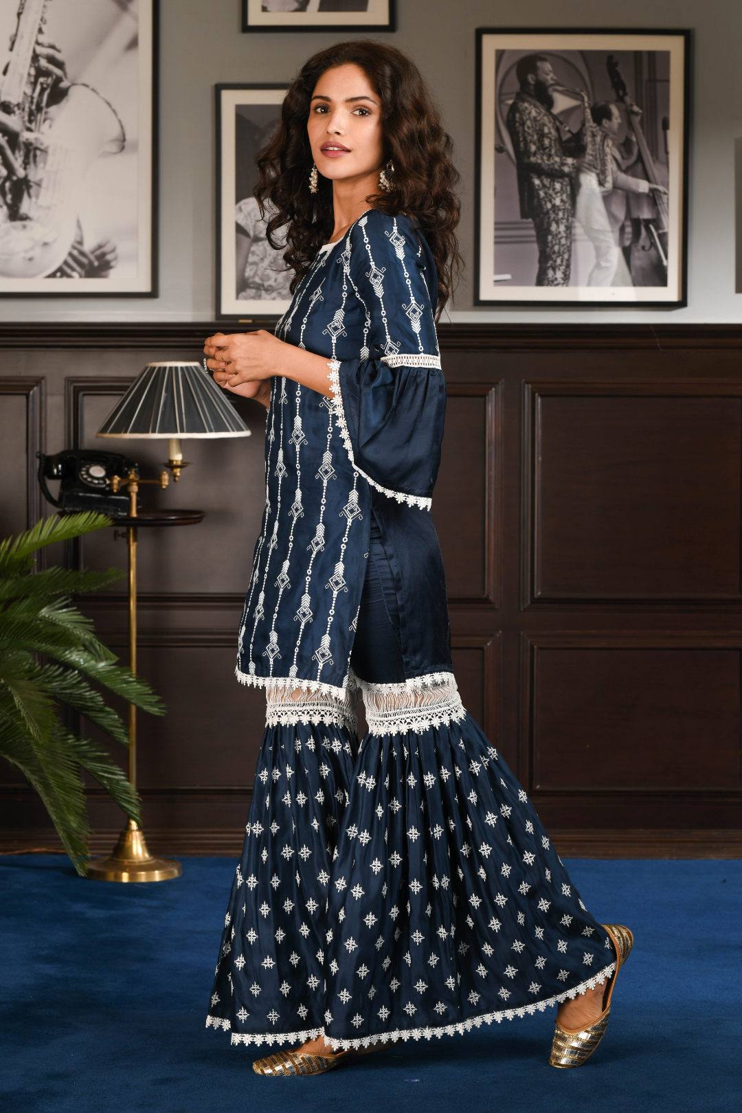 Mulmul Japanese Silk Caia Navy Kurta With Caia Navy Pyajama