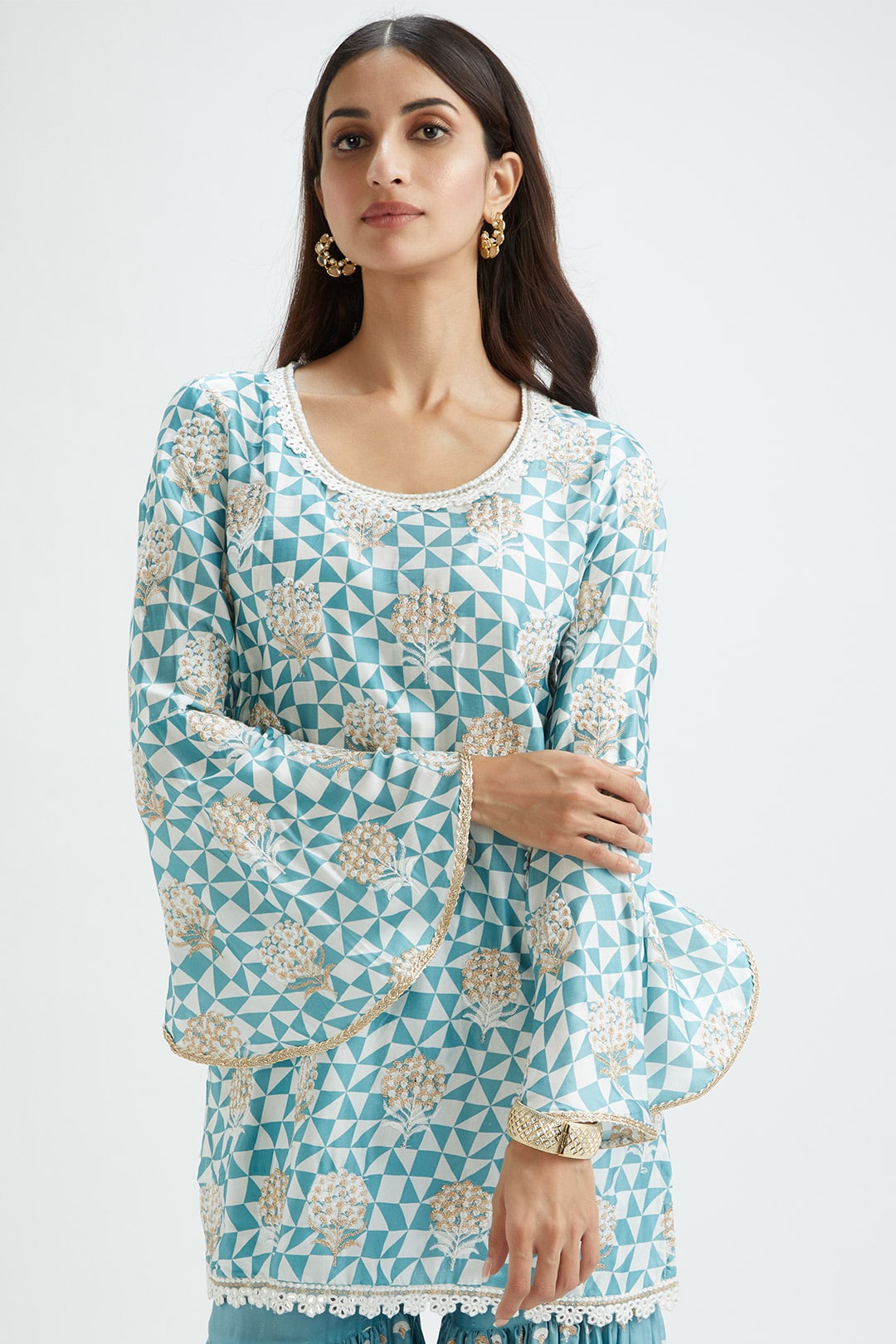 Mulmul Cupro Silk Camden Teal Kurta With Camden Teal Garara