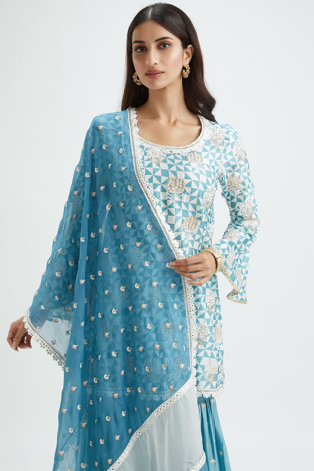 Mulmul Cupro Silk Camden Teal Kurta With Camden Teal Garara