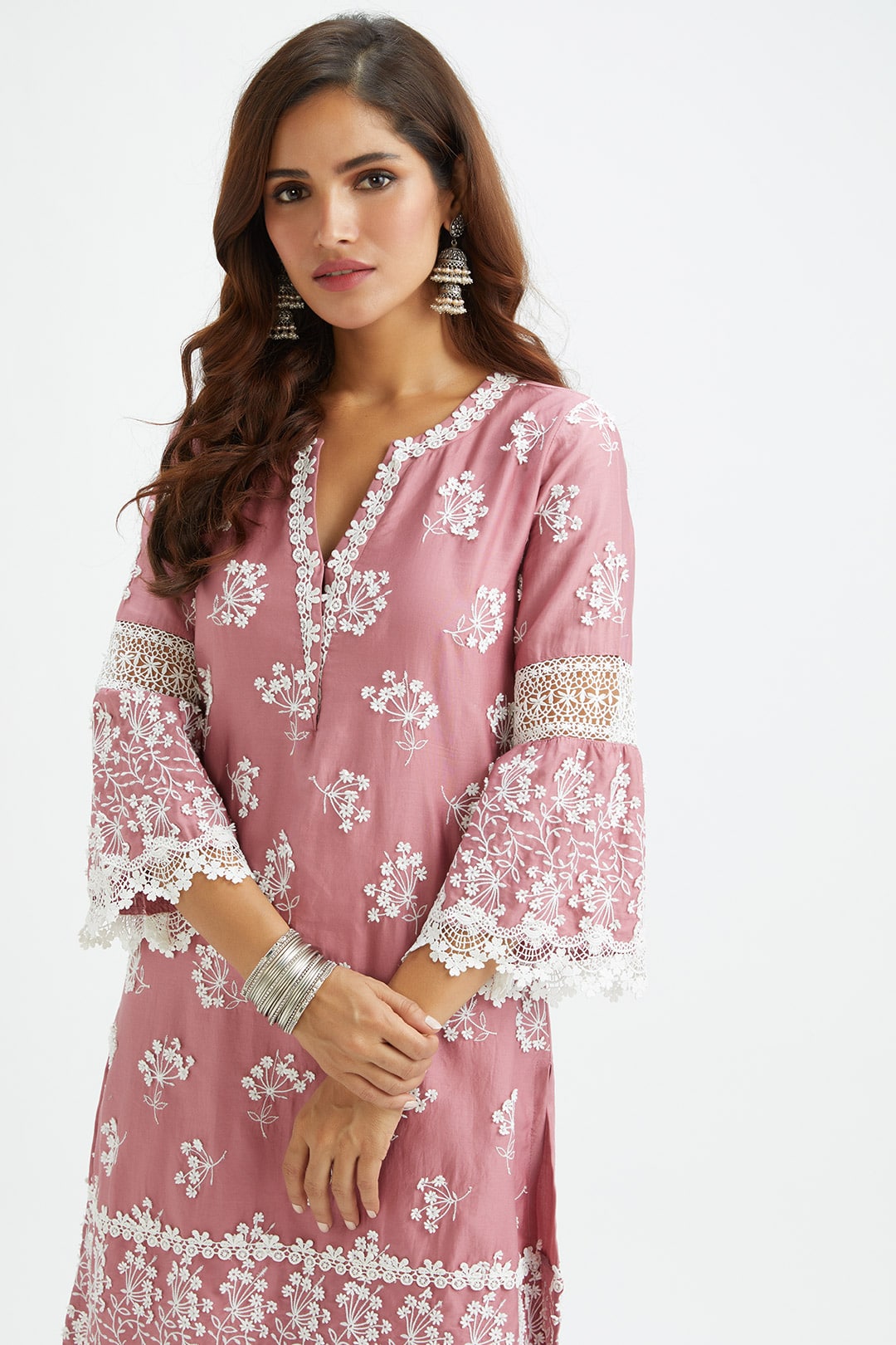 Mulmul Supima satin Celo Mauve Kurta With Applique Embroidered Pant