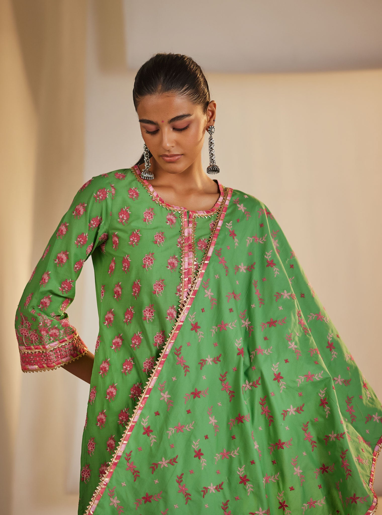 Mulmul Cotton Denise Green Kurta With Denise Green Pant