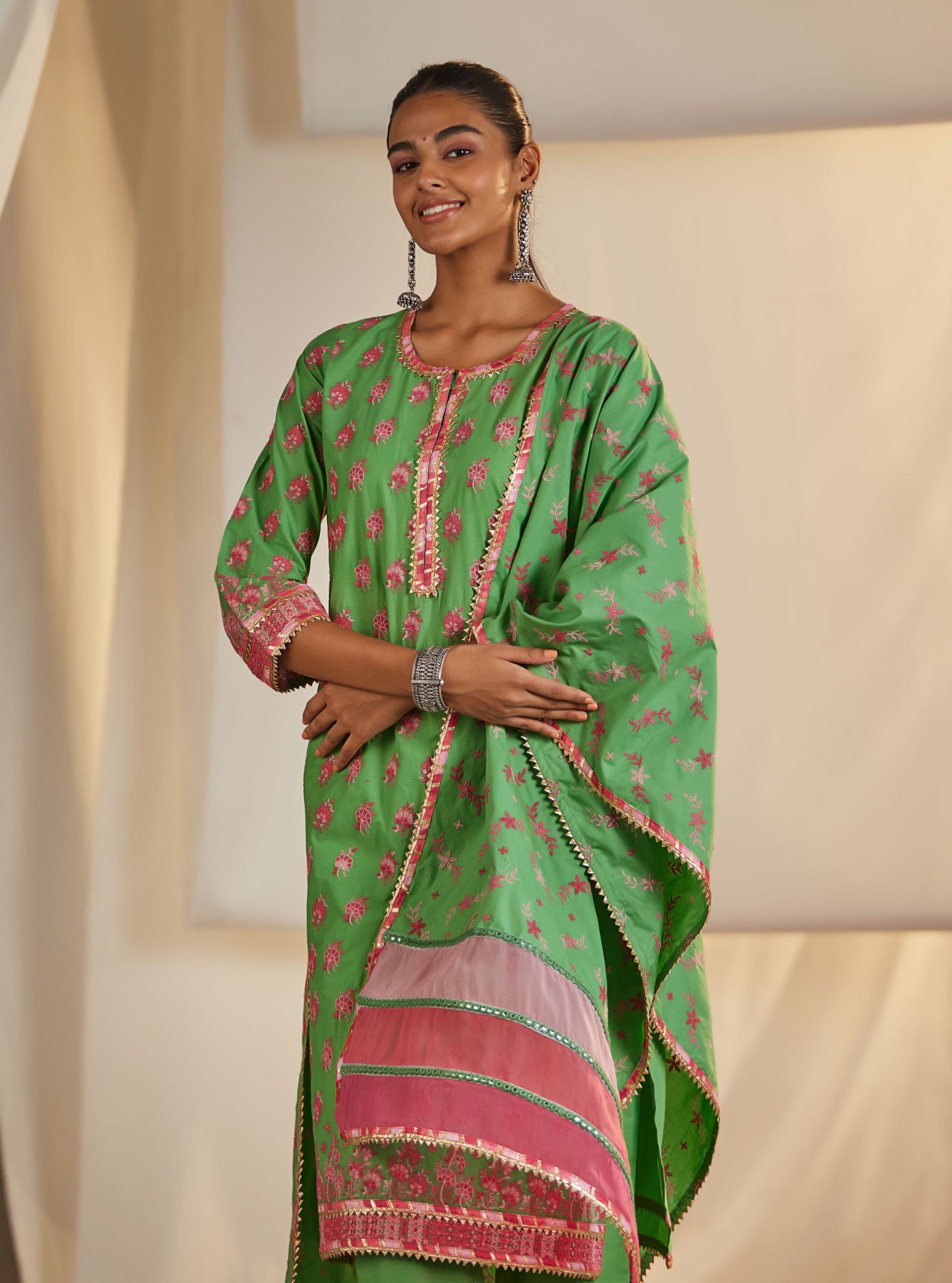 Mulmul Cotton Denise Green Kurta With Denise Green Pant