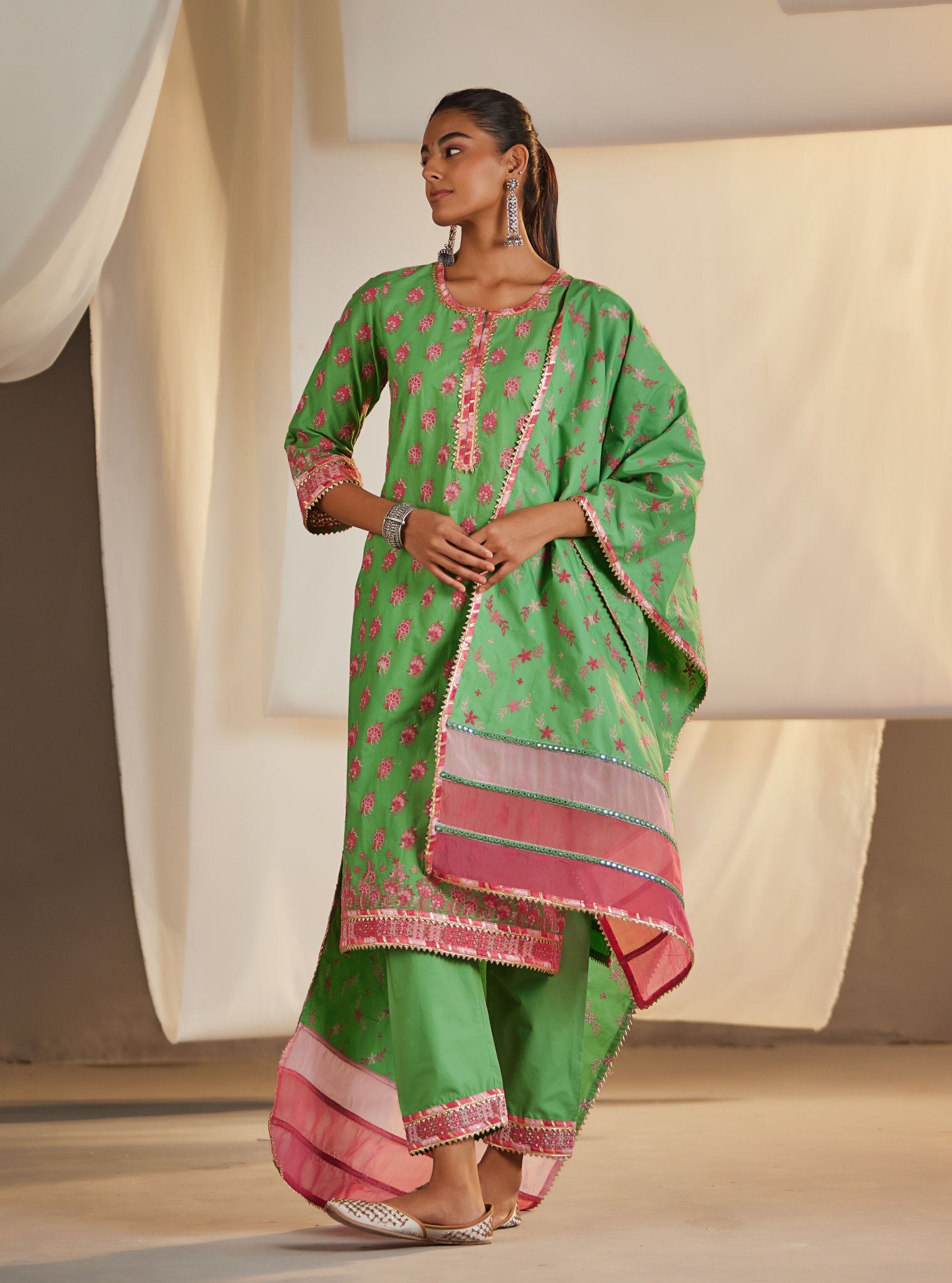 Mulmul Cotton Denise Green Kurta With Denise Green Pant