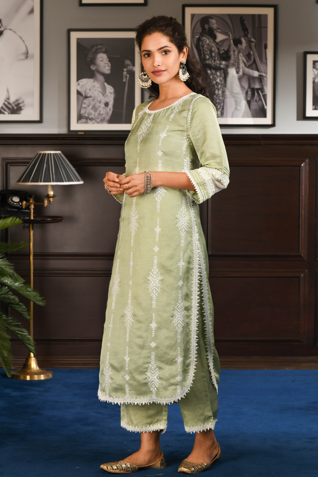 Mulmul Japanese Silk Dita Green Kurta with Dita Green Pants