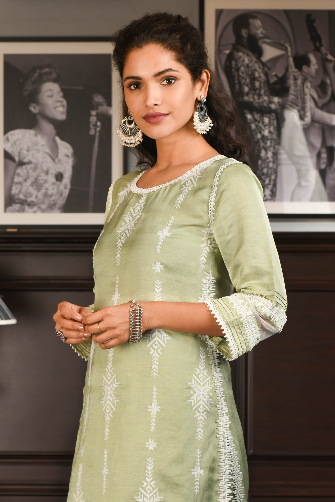 Mulmul Japanese Silk Dita Green Kurta with Dita Green Pants